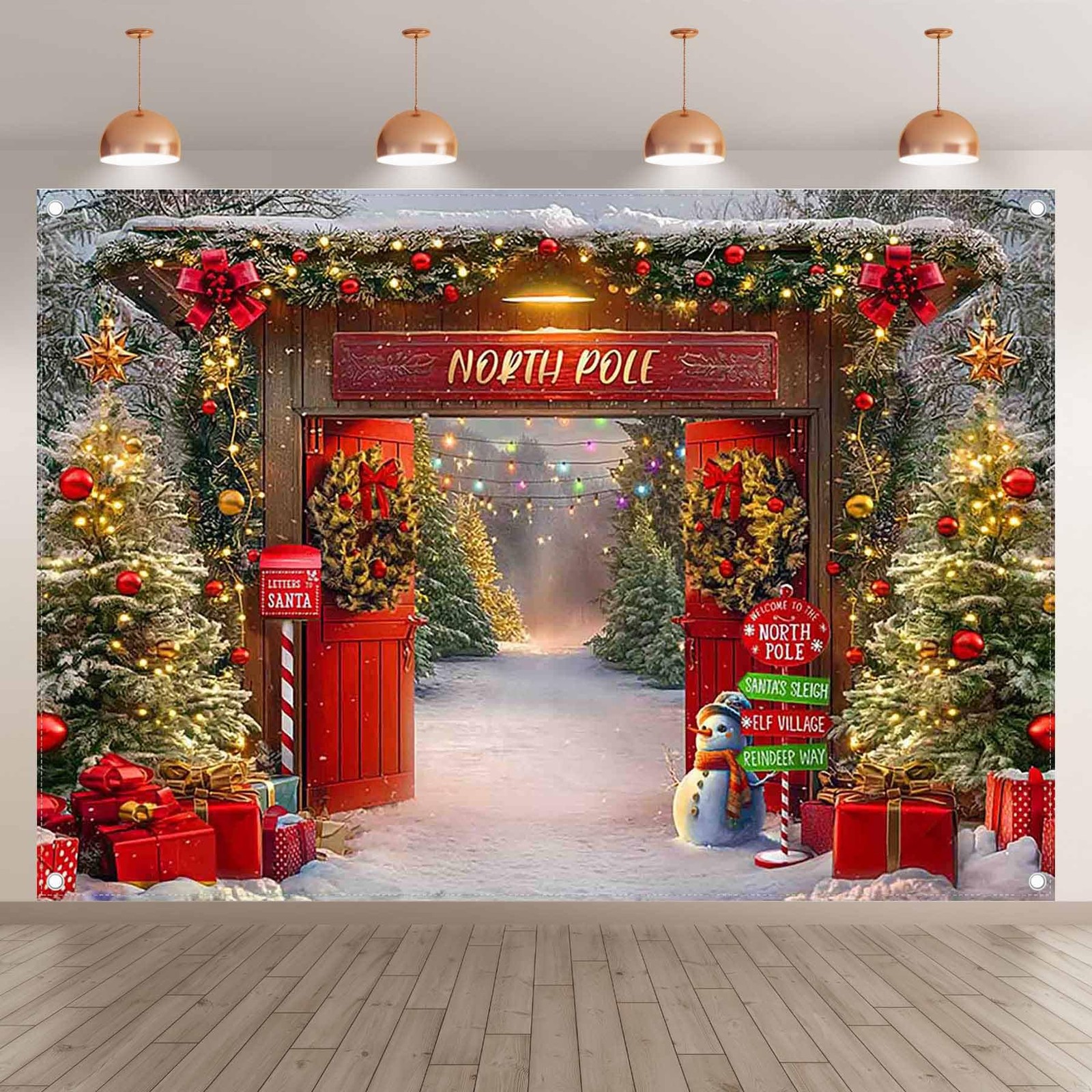 7x5ft Fabric Christmas Backdrop Winter Forest Wooden Barn Door North Pole