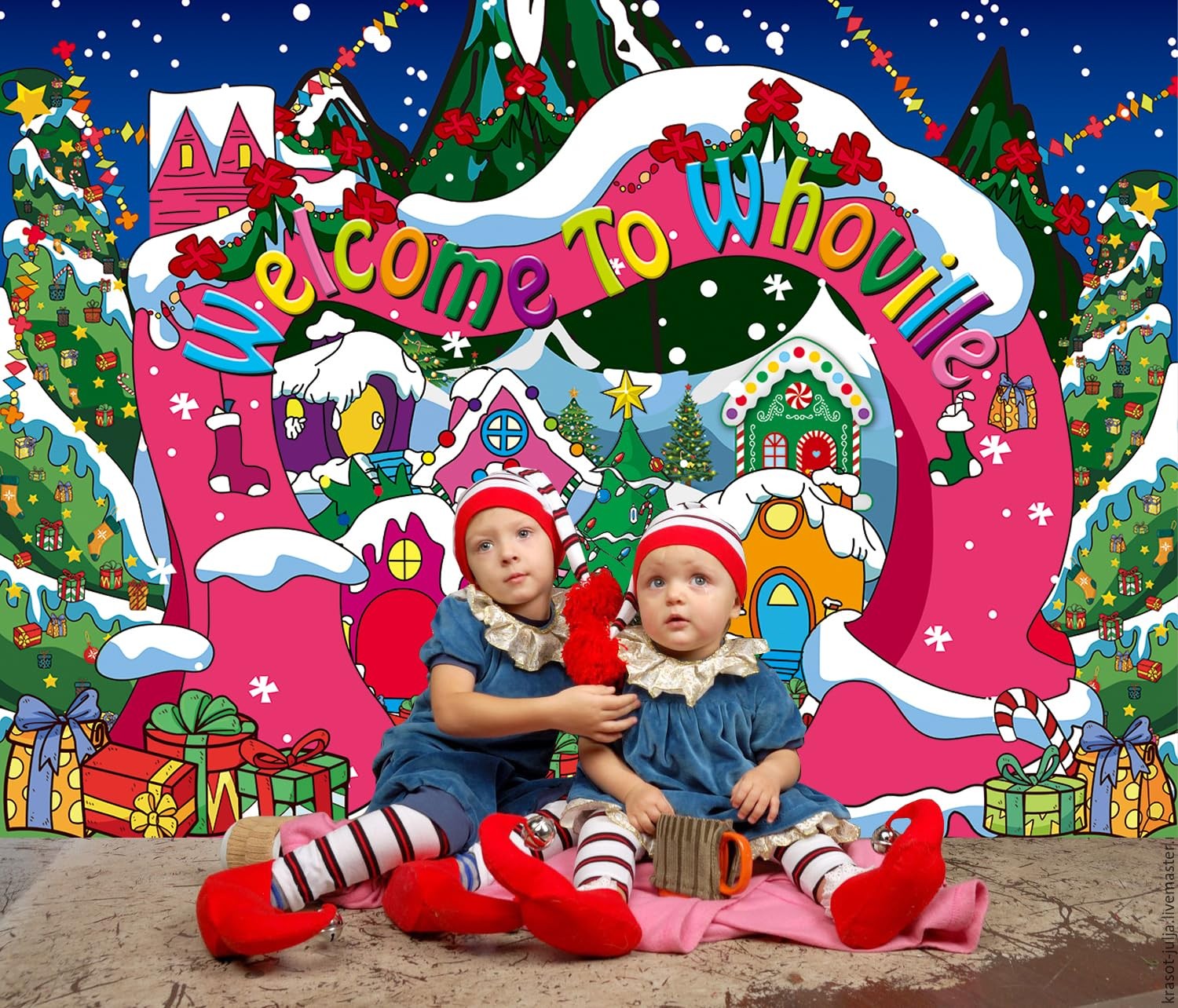 Welcome to Whoville Backdrop 7x5FT Winter Christmas Village 7x5FT, blue