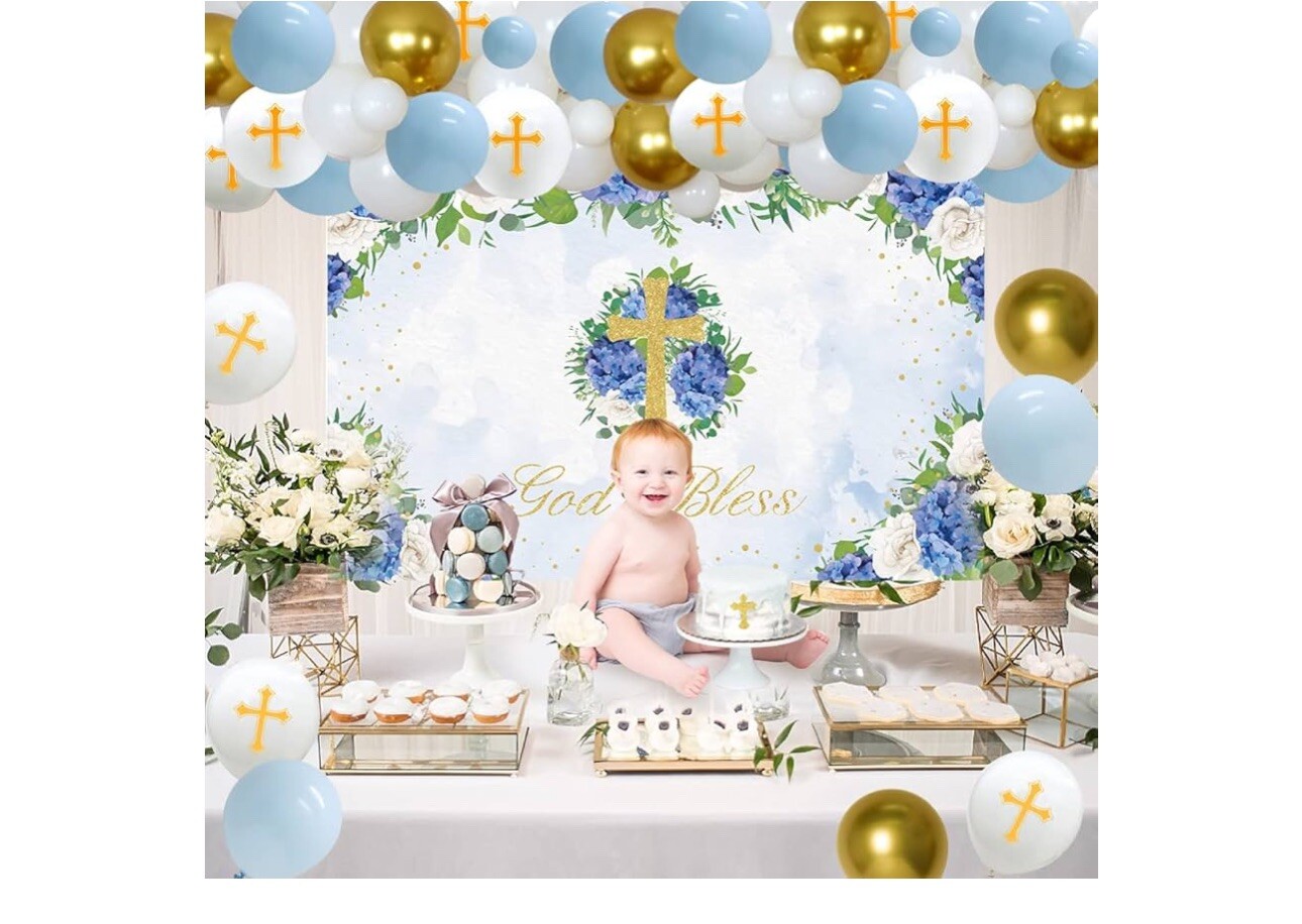 First Communion Decor for Boys God Bless Party Decoration backdrop blue +gift