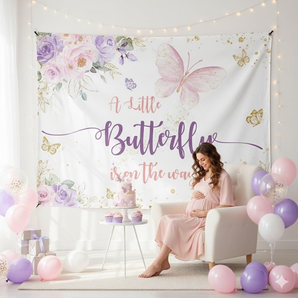 Aperturee 7x5ft Butterfly Baby Shower Backdrop A Little 7×5 ft, purple