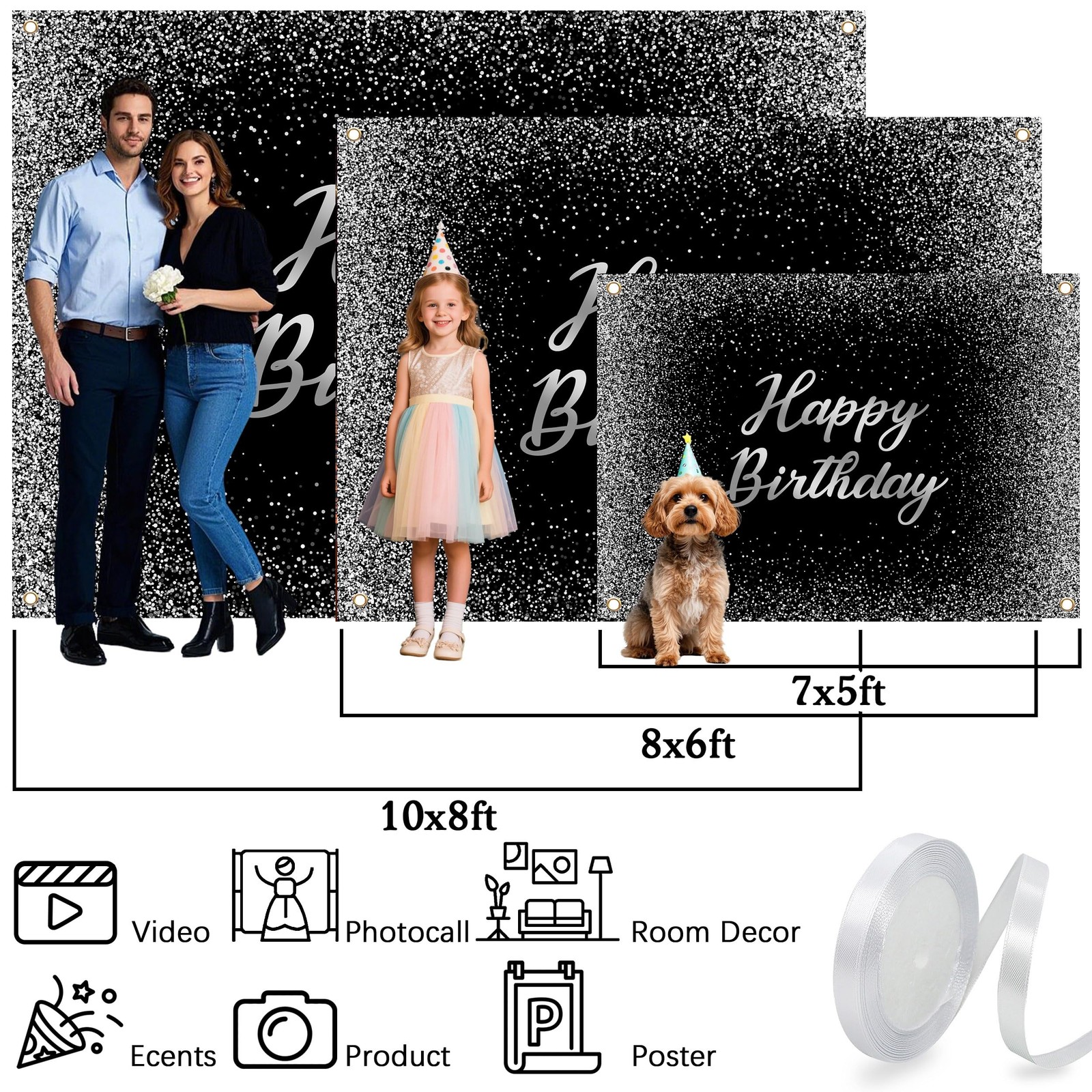 Happy Birthday Backdrops 12×8 FT Black and Silver Glitter Spots Happy Birthda…