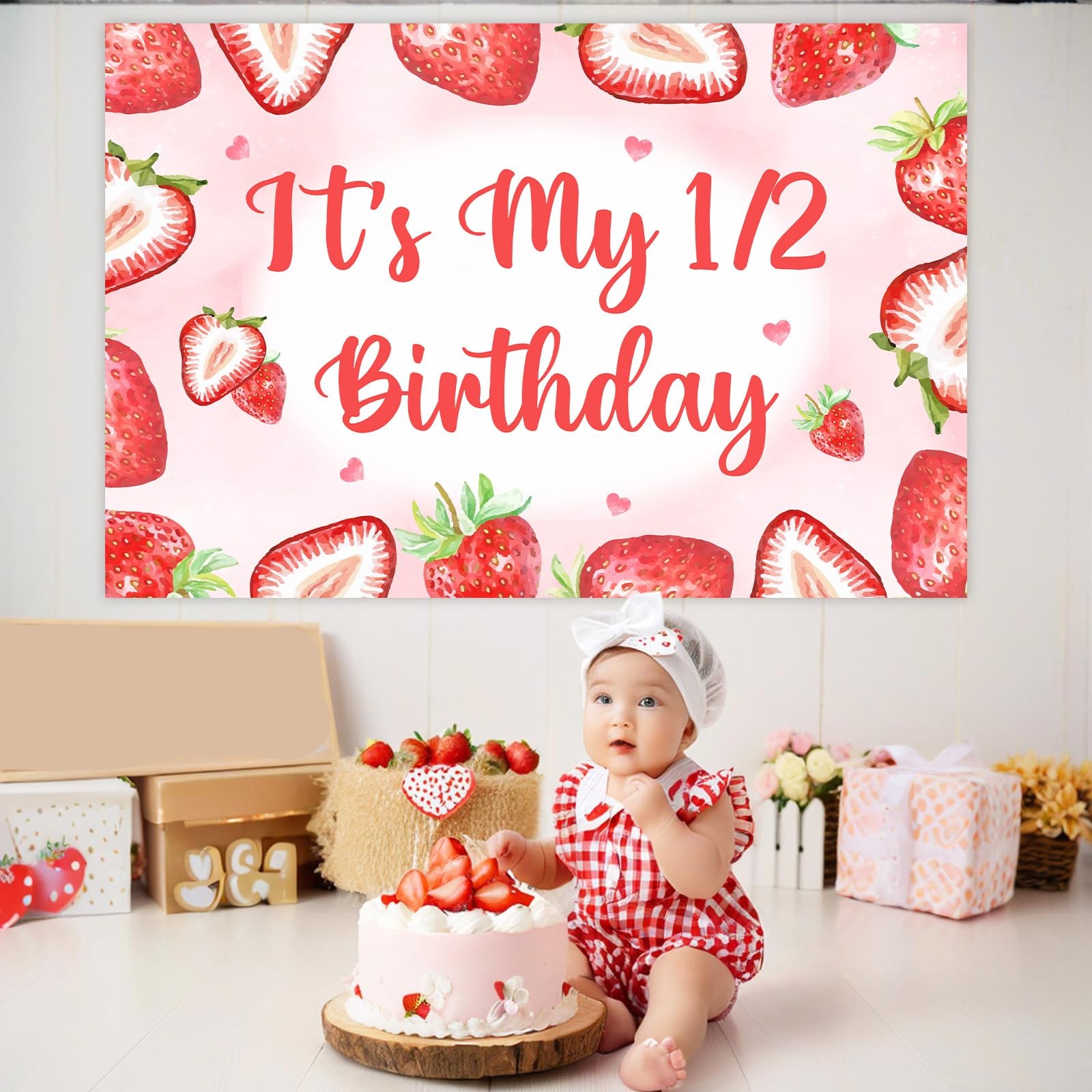 Strawberry 1 / 2 Birthday Party Backdrop 3×5 FT Berry Sweet Half Year Old