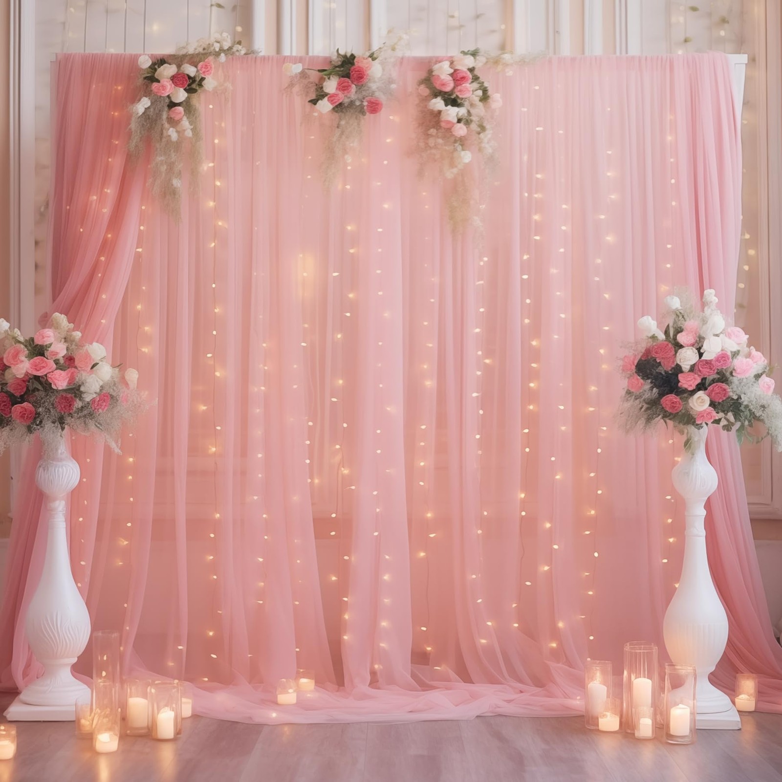 108FT Dusty Rose Tulle Sheer Backdrop Curtains String Lights Wedding Photo