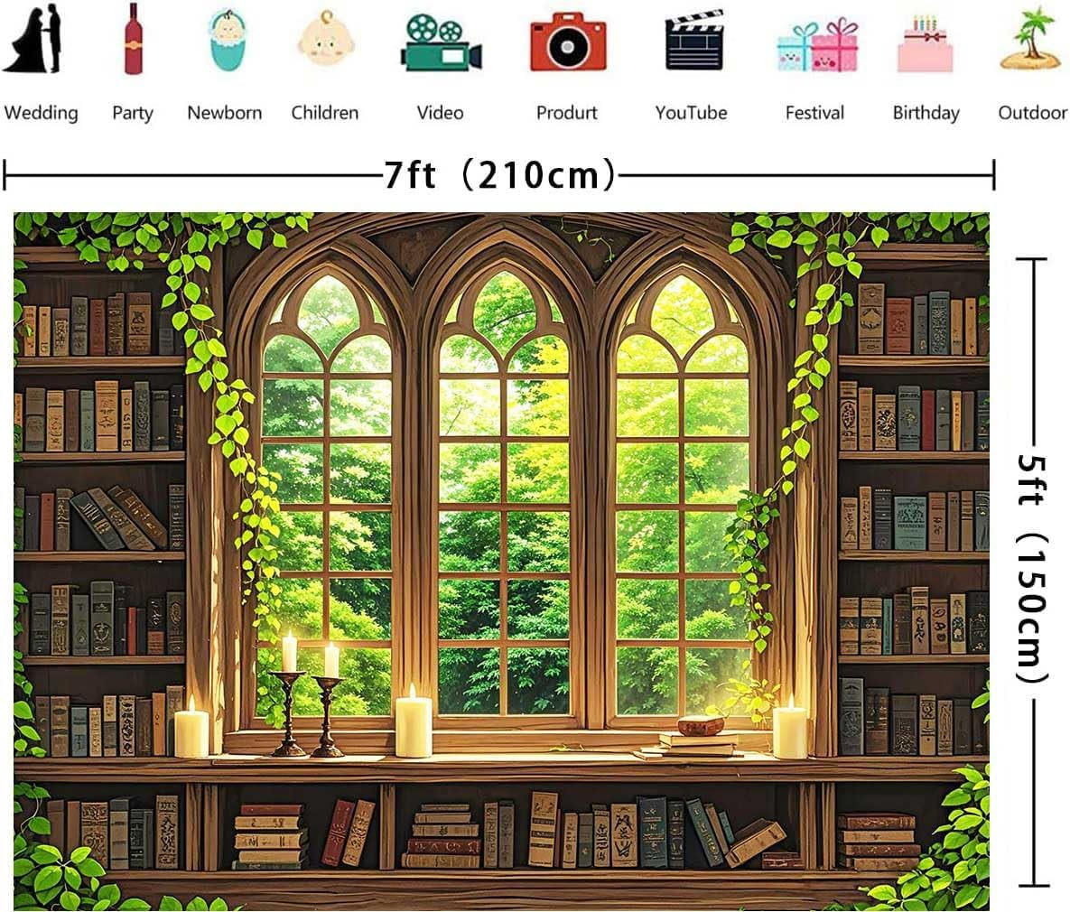 Vintage Wooden Bookshelf Backdrop for Photography Retro Library Window Green
