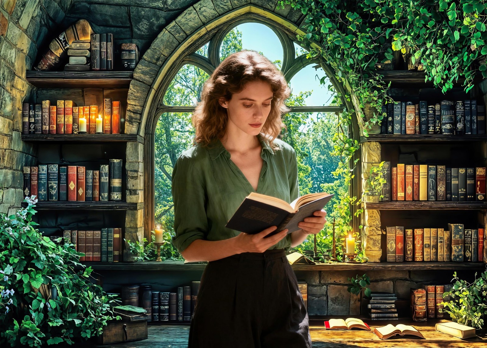 Vintage Forest Bookshelf Backdrop 10x8ft – Retro Green Library Photography Prop