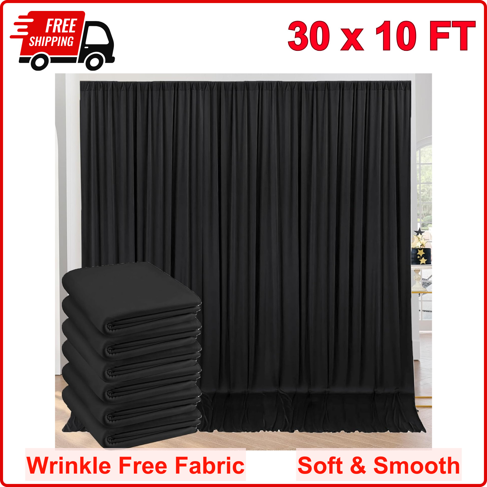 30 ft x 10 ft Wrinkle Free Black Backdrop Curtain for Parties, 6 Panels 5X10 ft