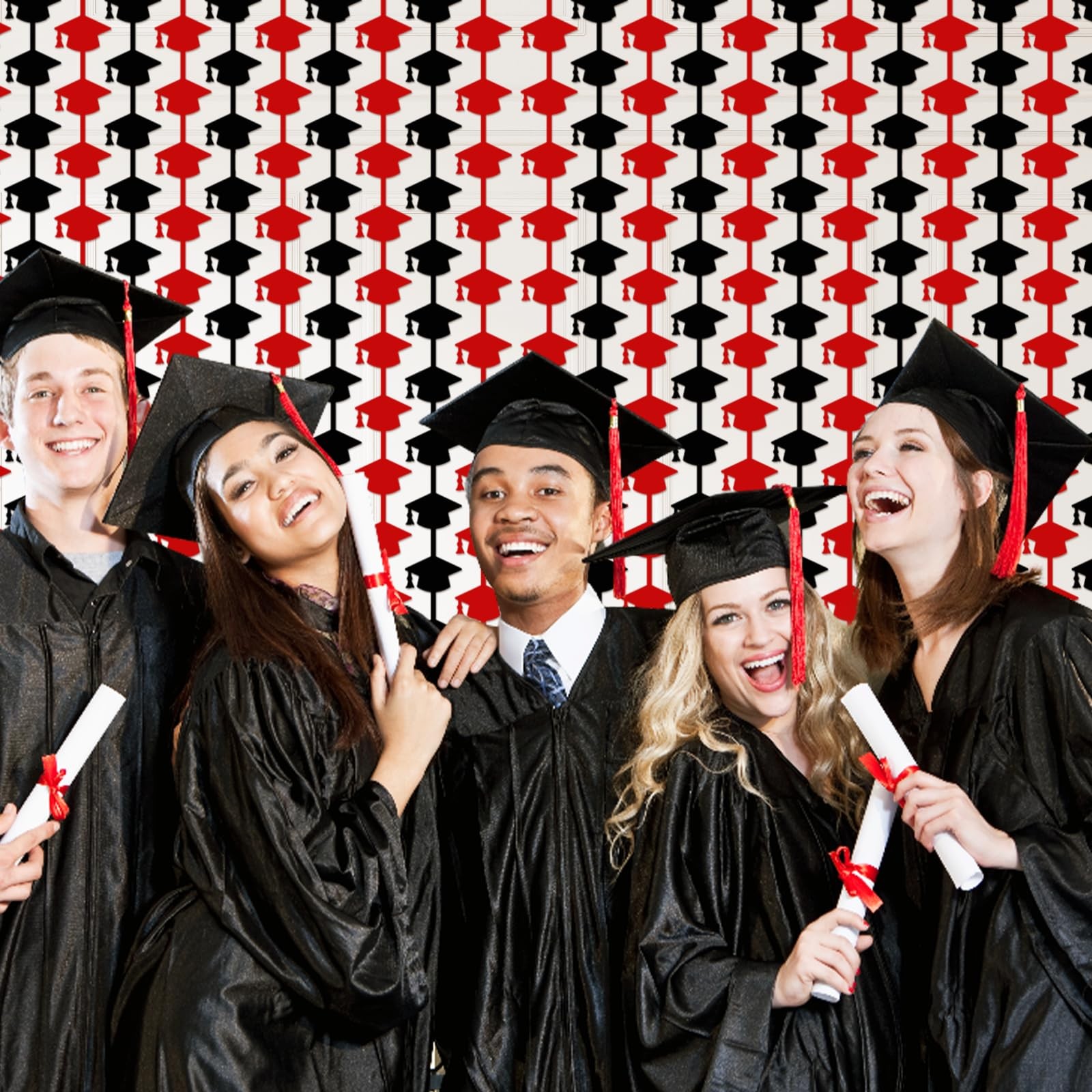 2 Pack Grad Cap Foil Fringe Curtain, 3.3×6.6ft, Red, Black, Prom 2025, Prop