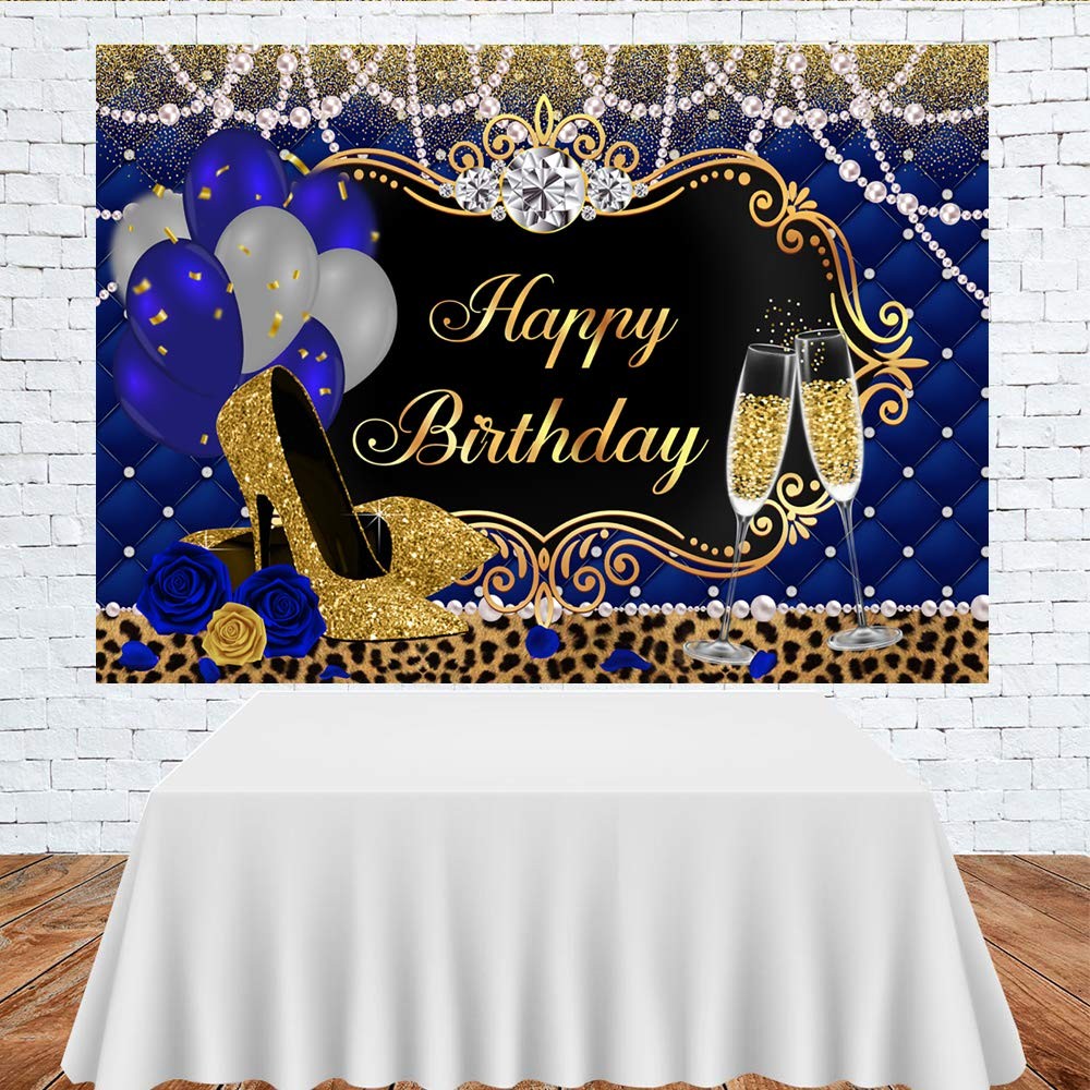 Gold and Royal Blue Birthday Backdrop for Women Happy Birthday Party Backgrou…