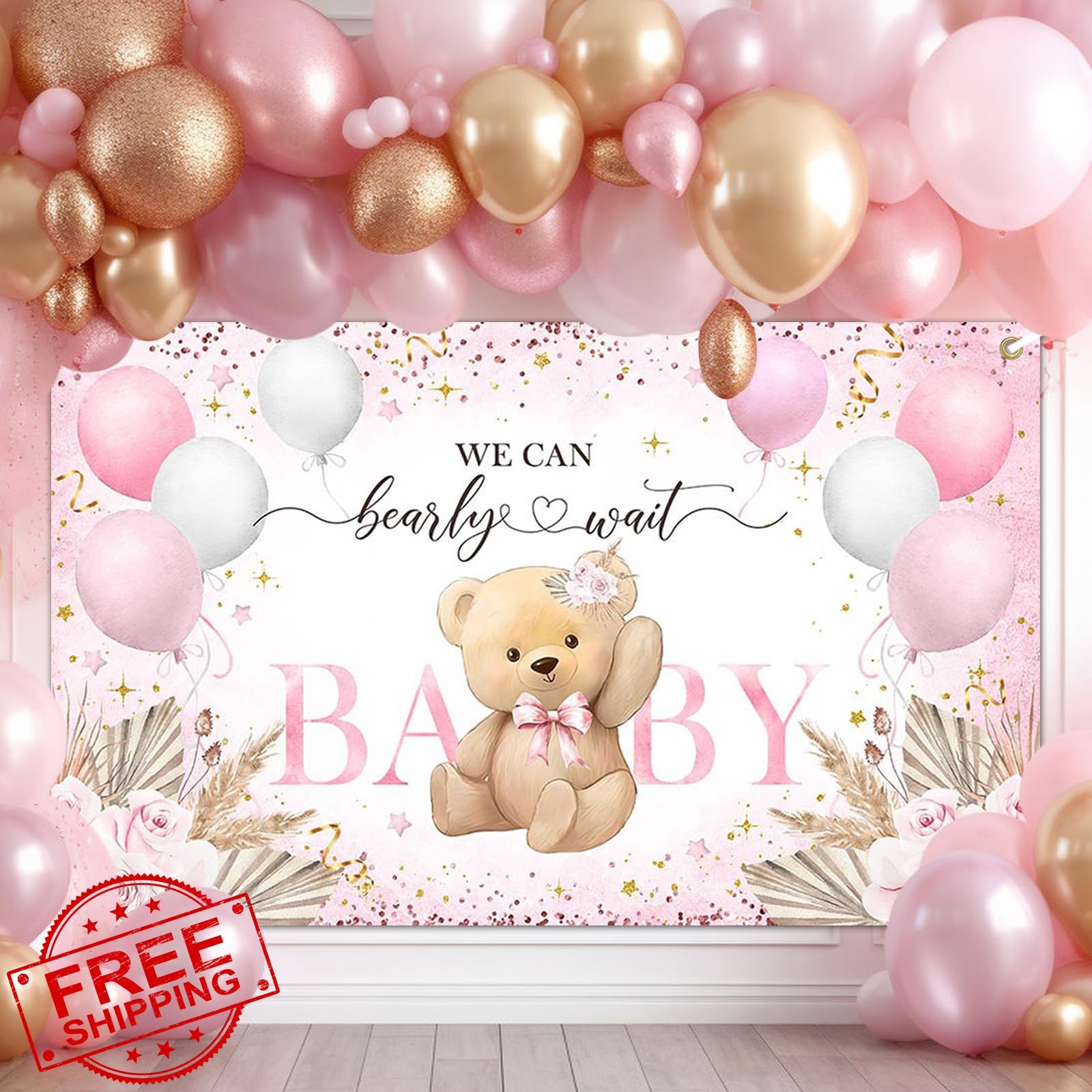 Lecheme Pink Bear Baby Shower Backdrop 6×3.6 ft