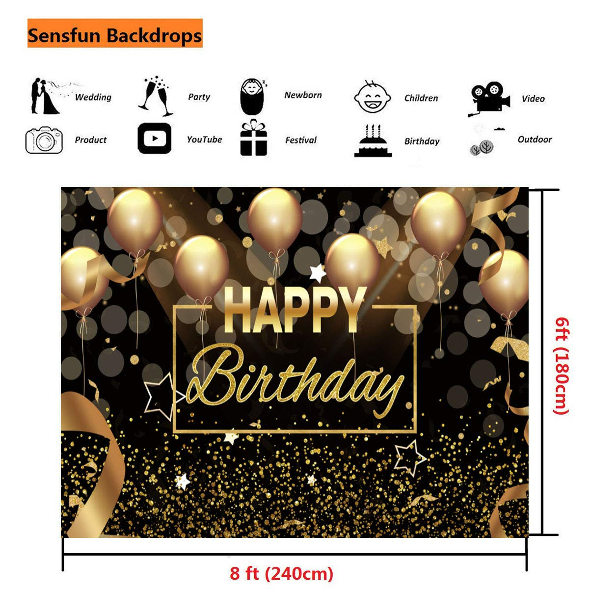 Happy Birthday Party Backdrop Banner Black Gold Balloons Glitter Bokeh Spots …