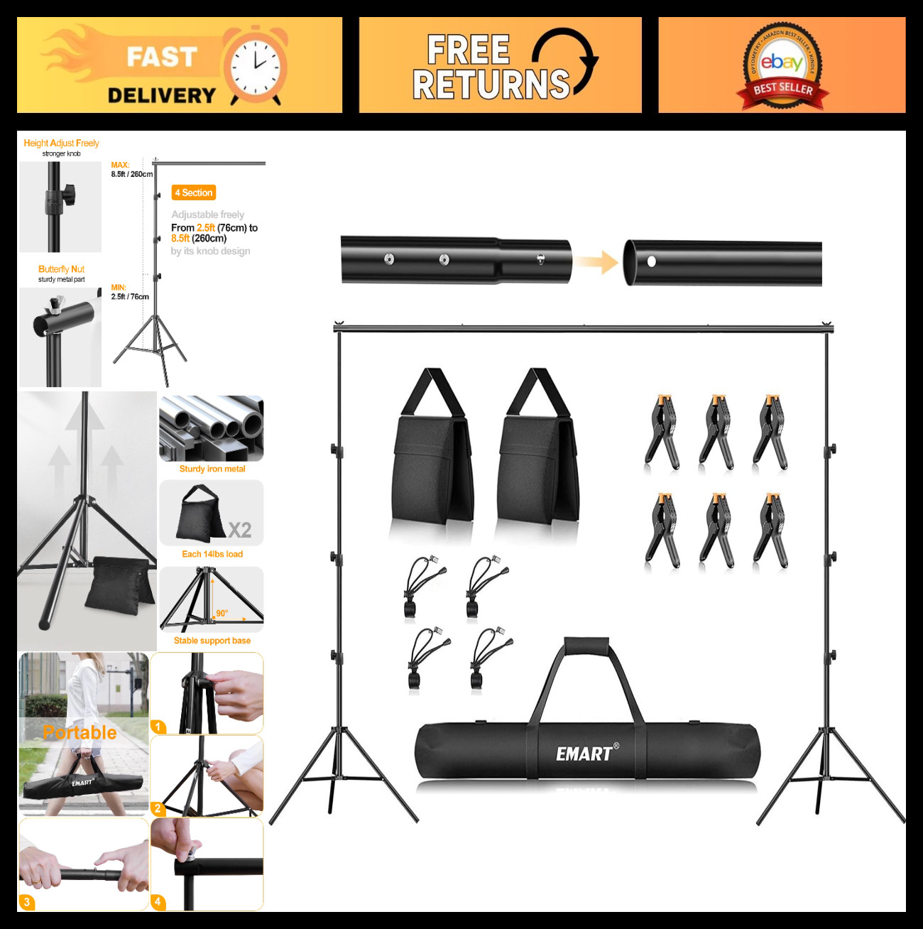 Adjustable Photo Backdrop Stand Kit 8.5x10ft – Photography Support Frame for Eve