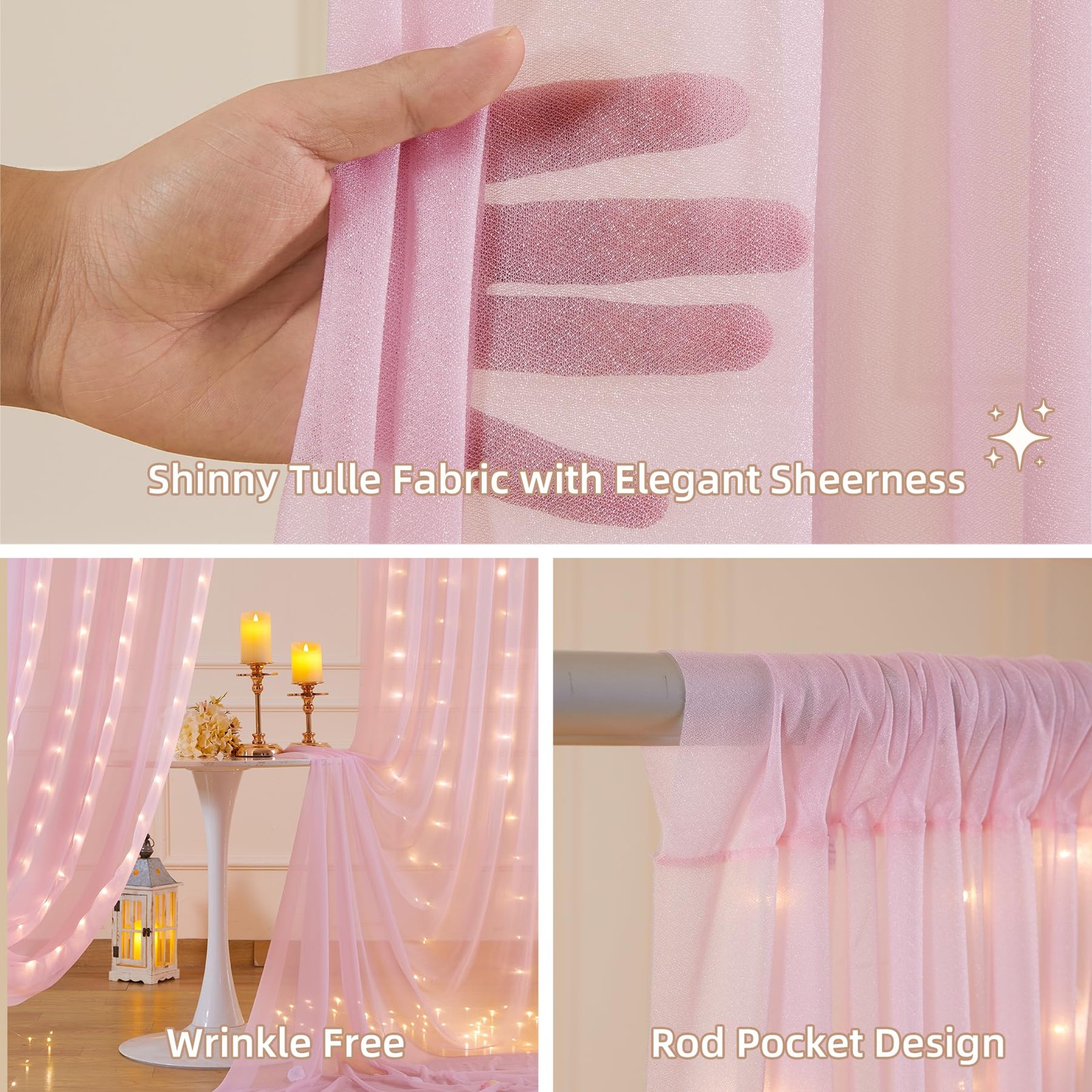 Pink Wrinkle Free Backdrop Curtains with Lights String 10x10FT Party Decor