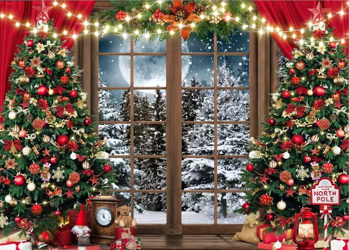 7x5FT Christmas Backdrop Red Xmas Tree Snow Holiday Party Banner