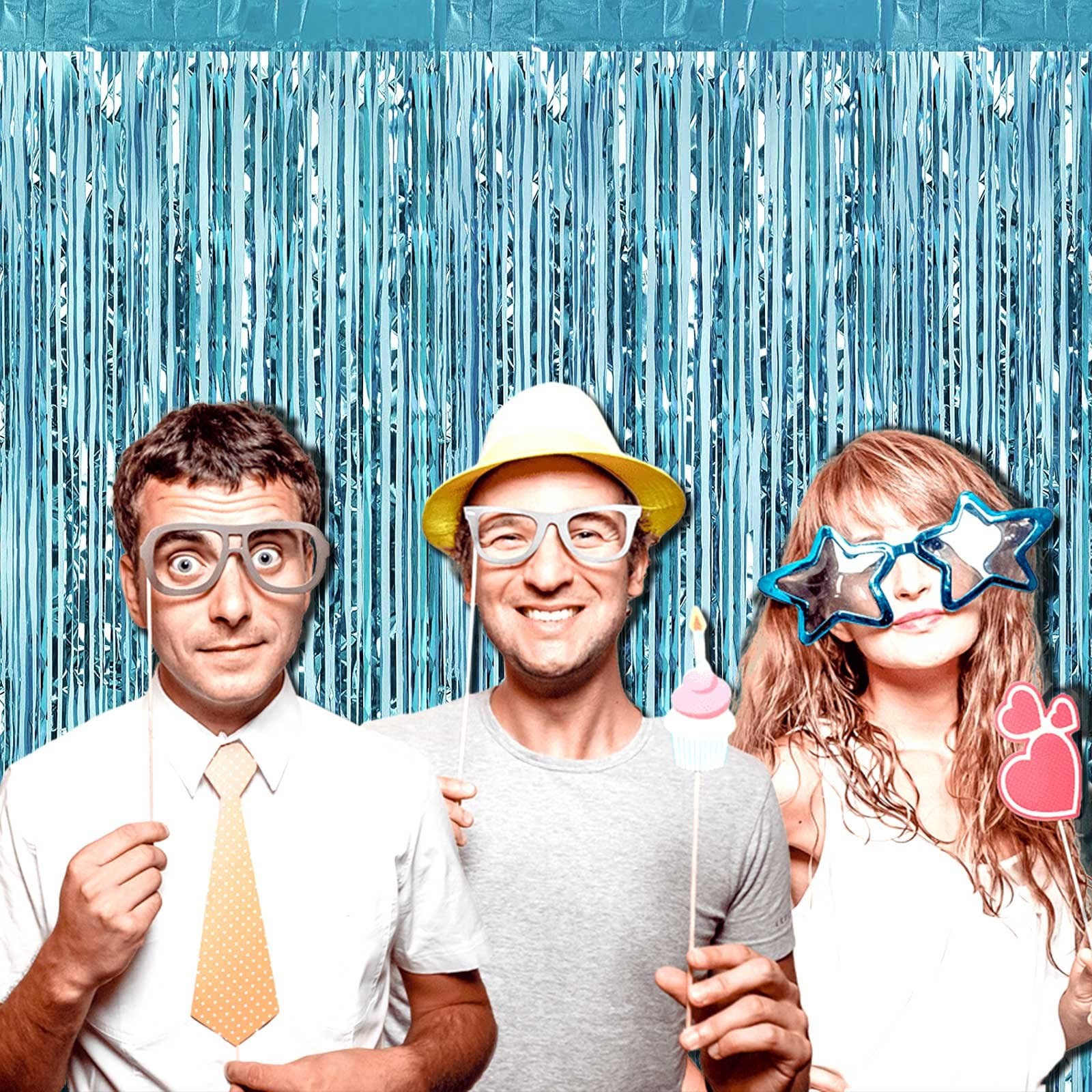 8 PCS Light Blue Tinsel Foil Fringe Curtain Backdrop Metallic 3.28×8.2 FT