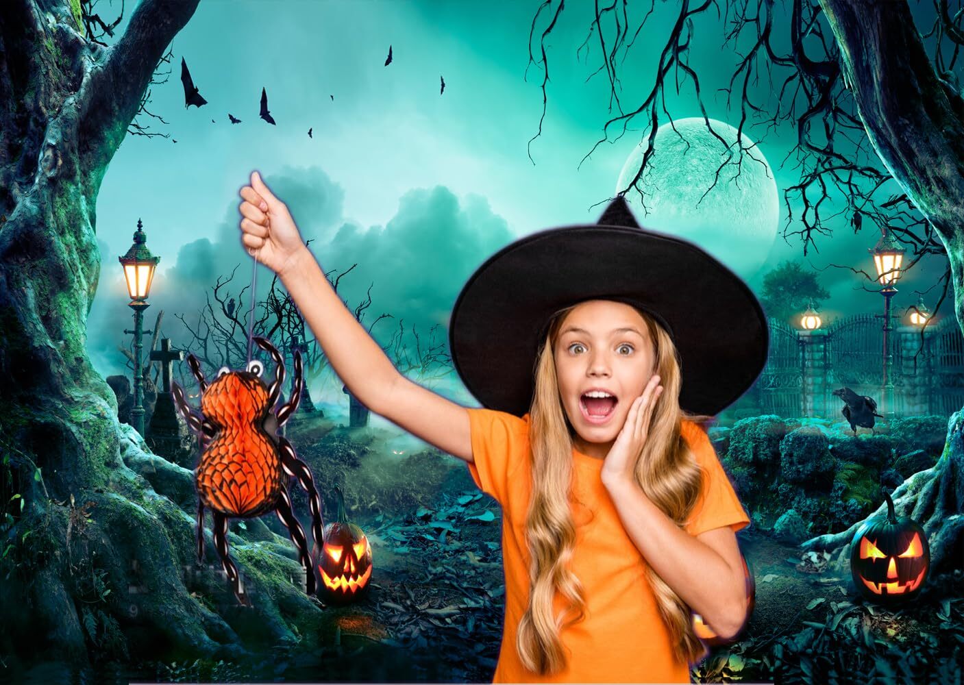 7X5FT Horror Moon Night Cemetery Backdrop Halloween Pumpkin Lantern Photo