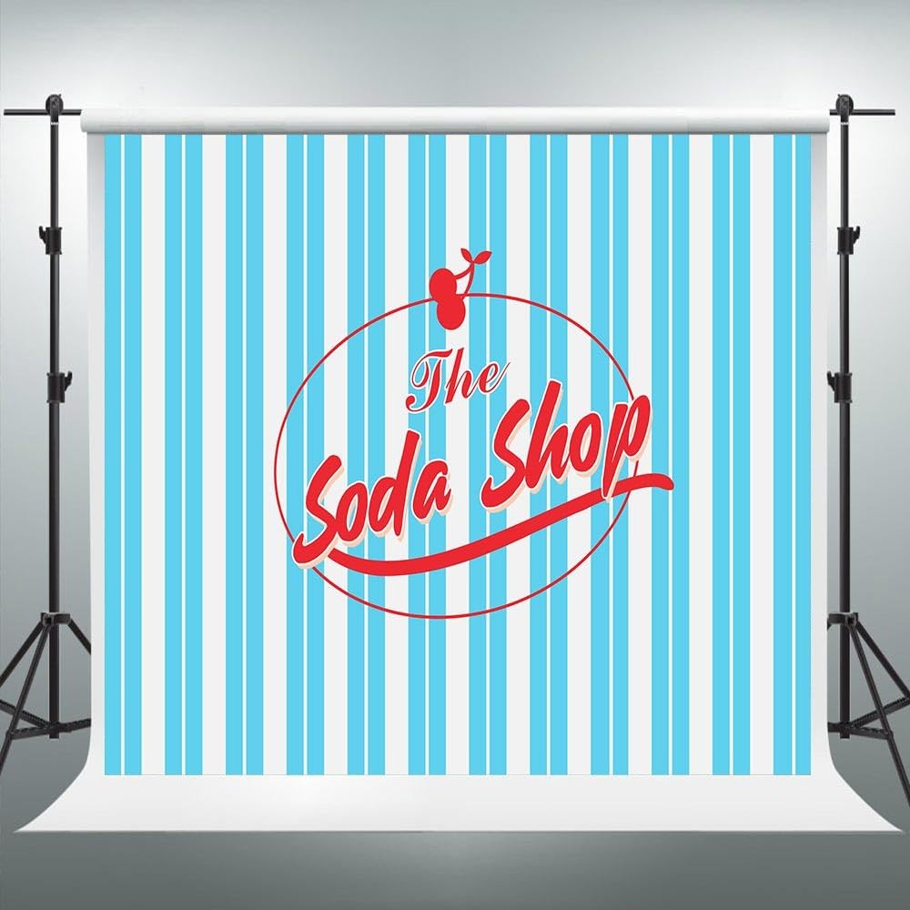 Soda Shop Backdrop 50s Party Blue White Stripes Sock Hop Photo Studio 8x8ft