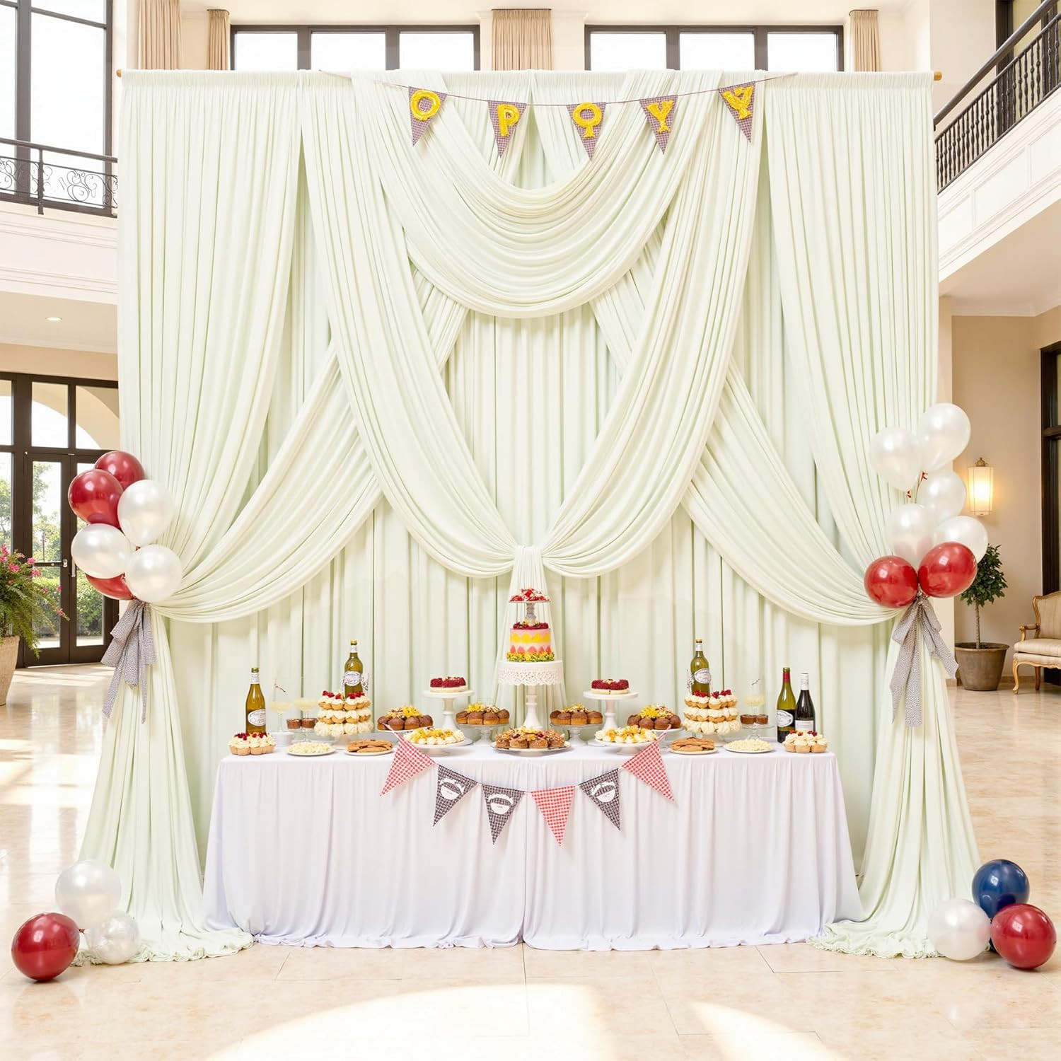 30Ft×12Ft Ivory Backdrop Curtain for Wedding Parties, 6 Panels Wrinkle Free Poly