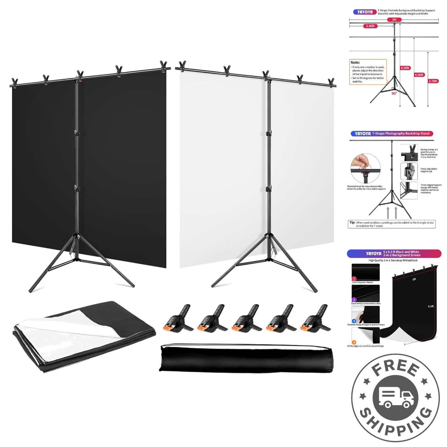 Elegant 5×6.5ft Black White Backdrop with Adjustable Stand for Photo Shoots
