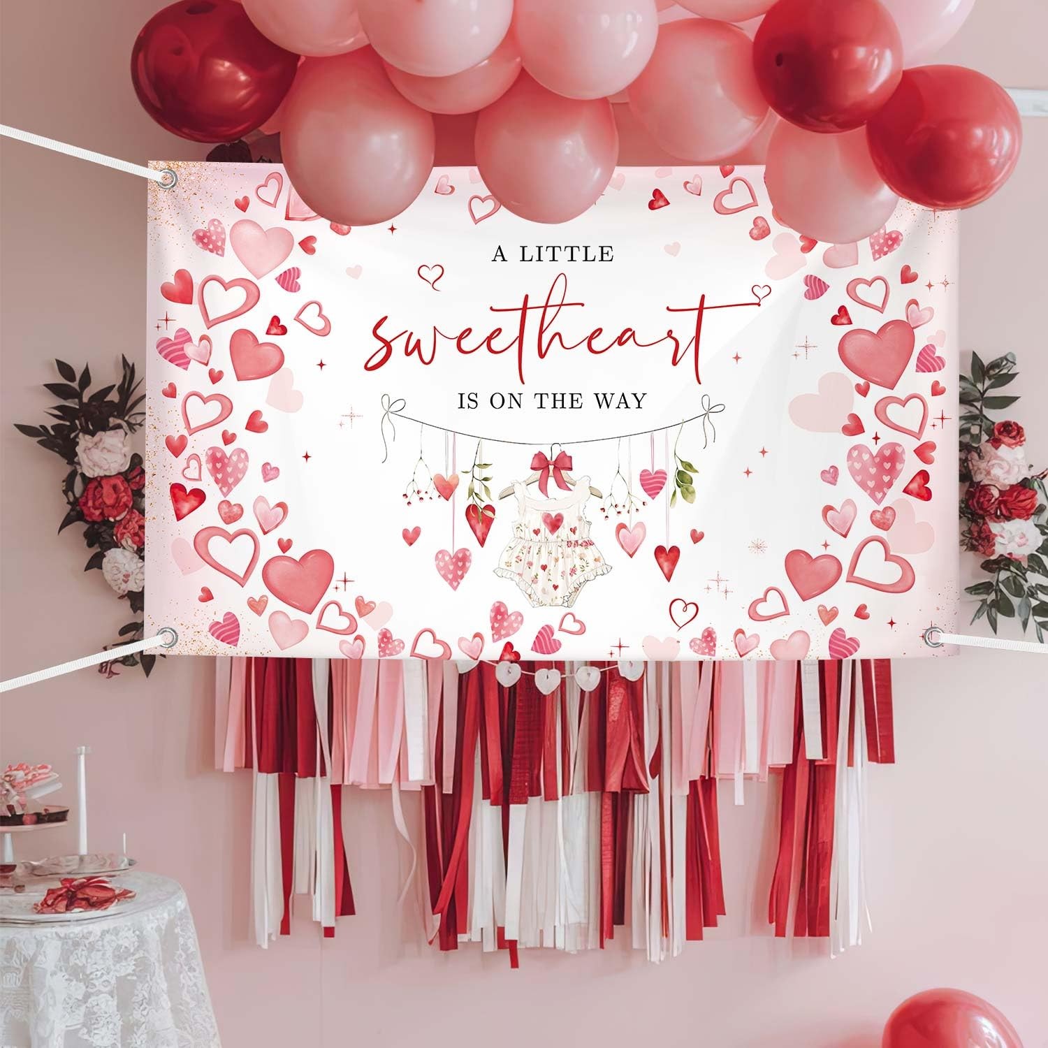Sweetheart Baby Shower Backdrop Girl Red Hearts Photography 6×3.6 Feet
