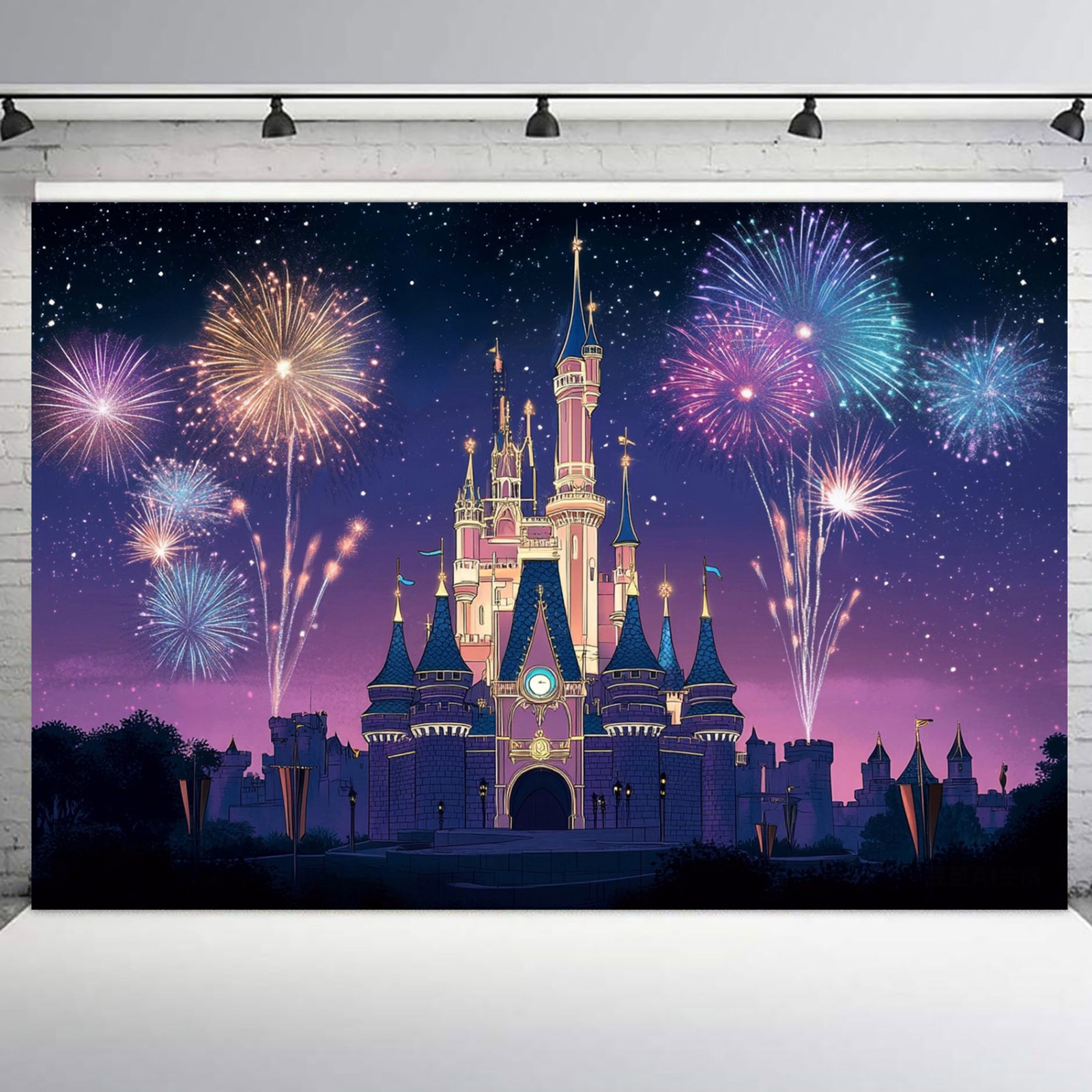 10x8ft Garden Fireworks Night Scene Blue Castle Vinyl Backdrop Photo Background