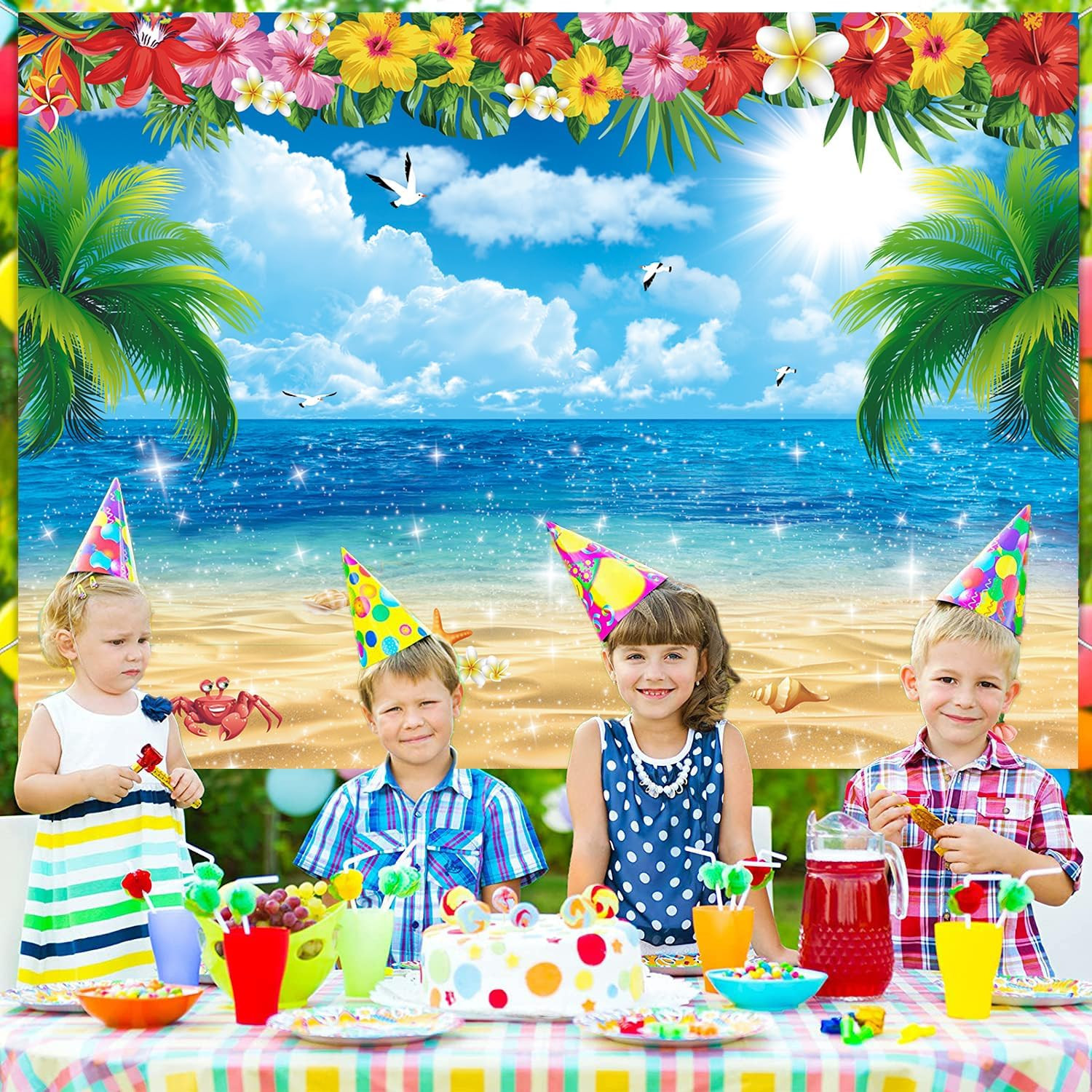 XCKALI Summer Hawaiian Beach Backdrop Tropical Flower Palm Ocean Birthday