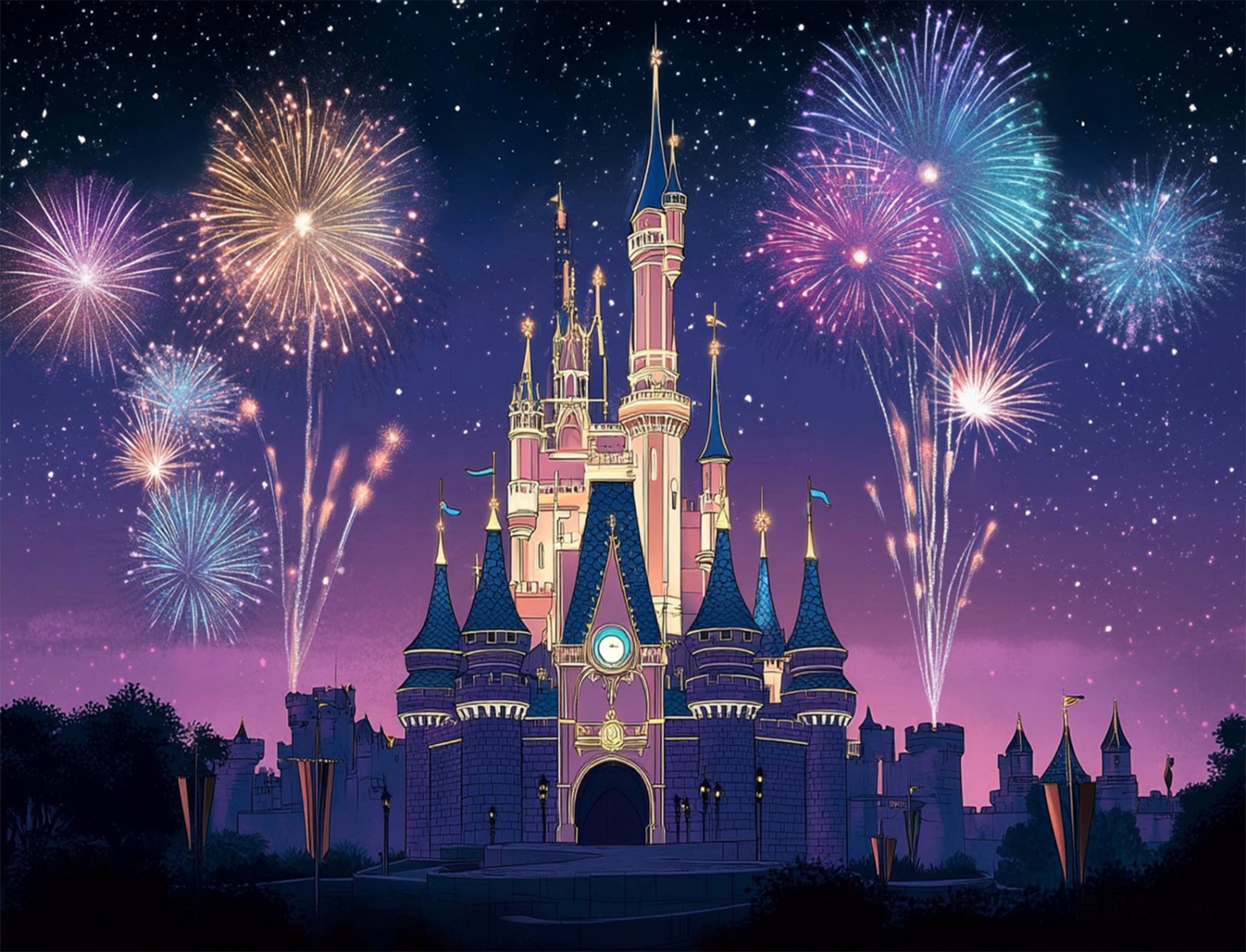 10x8ft Garden Fireworks Night Scene Blue Castle Vinyl Backdrop Photo Background