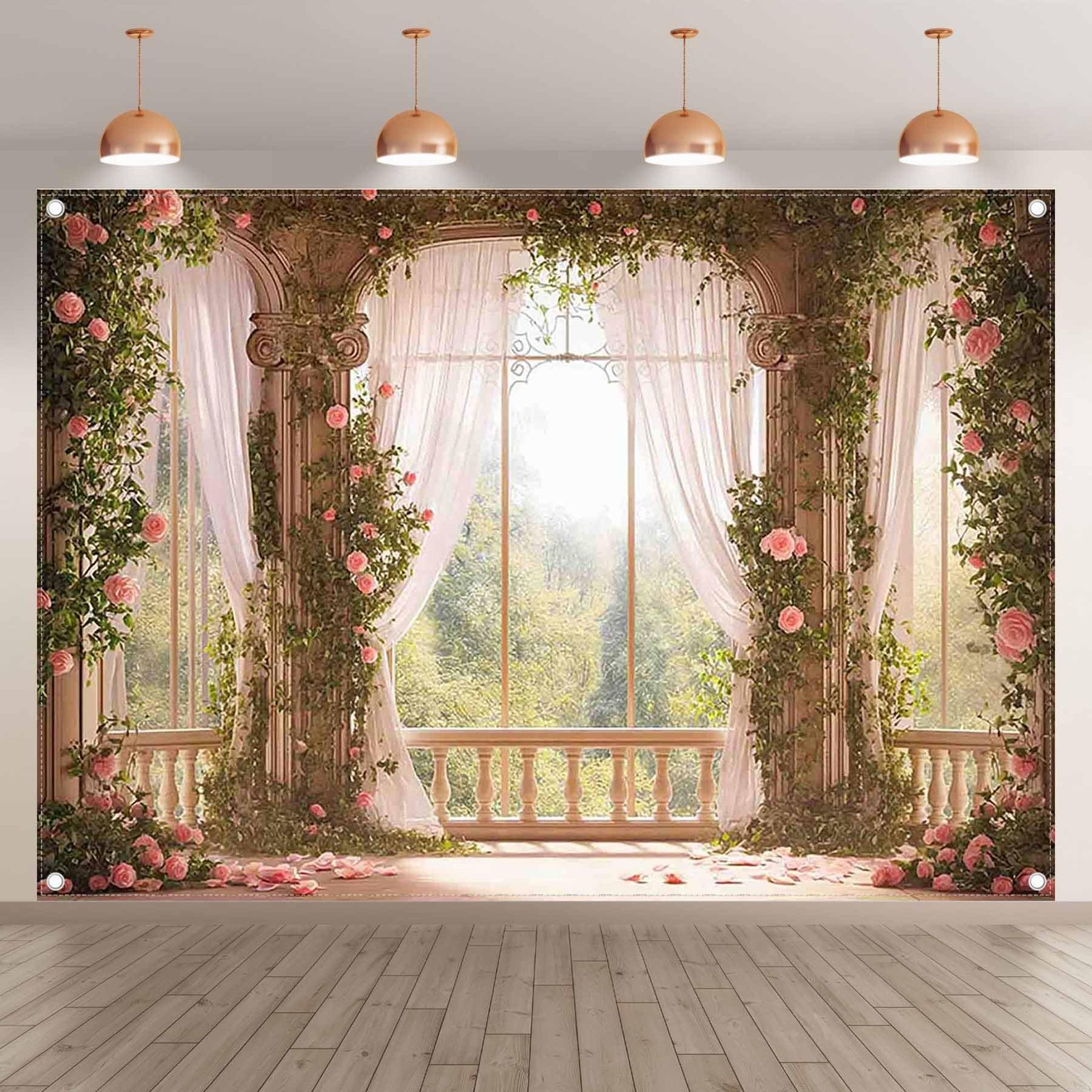 YCUCUEI 7x5ft Fabric Spring Window Scenery Photography Backdrop Pink Floral G…