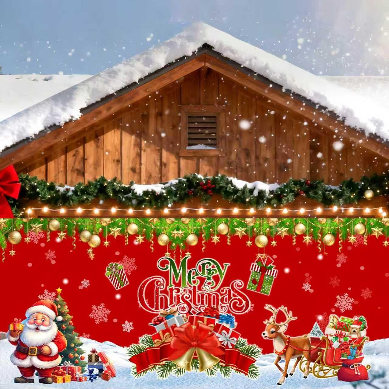 Merry Christmas Garage Door Cover, Large Hanging Backdrop 7 ft x 16 ft, Red