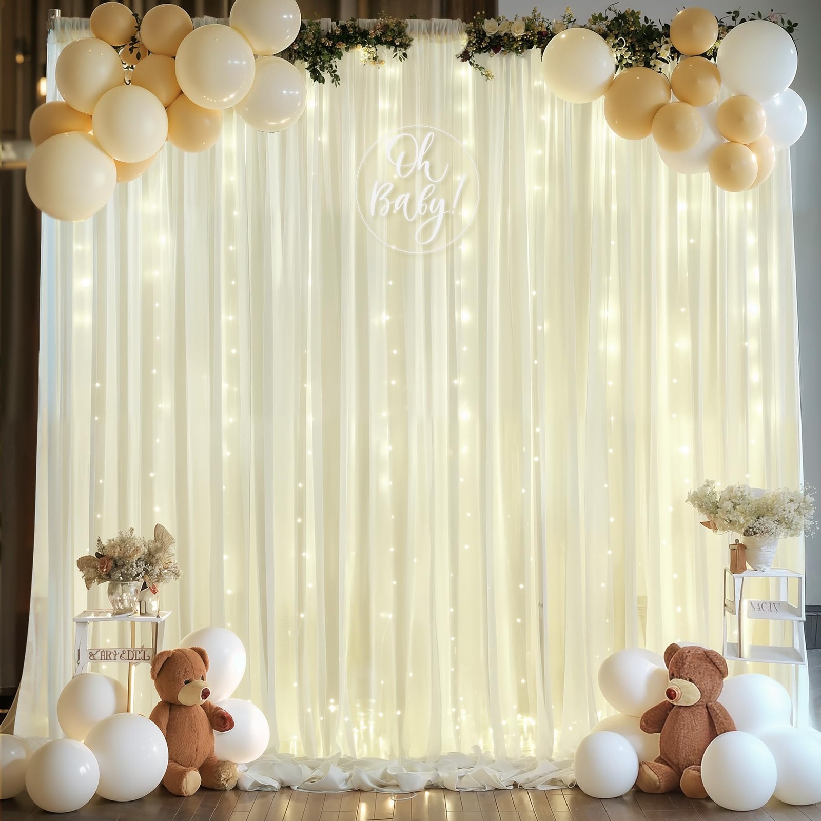 Ivory White Chiffon Backdrop Curtain 10×10 Ft With Lights String Wedding