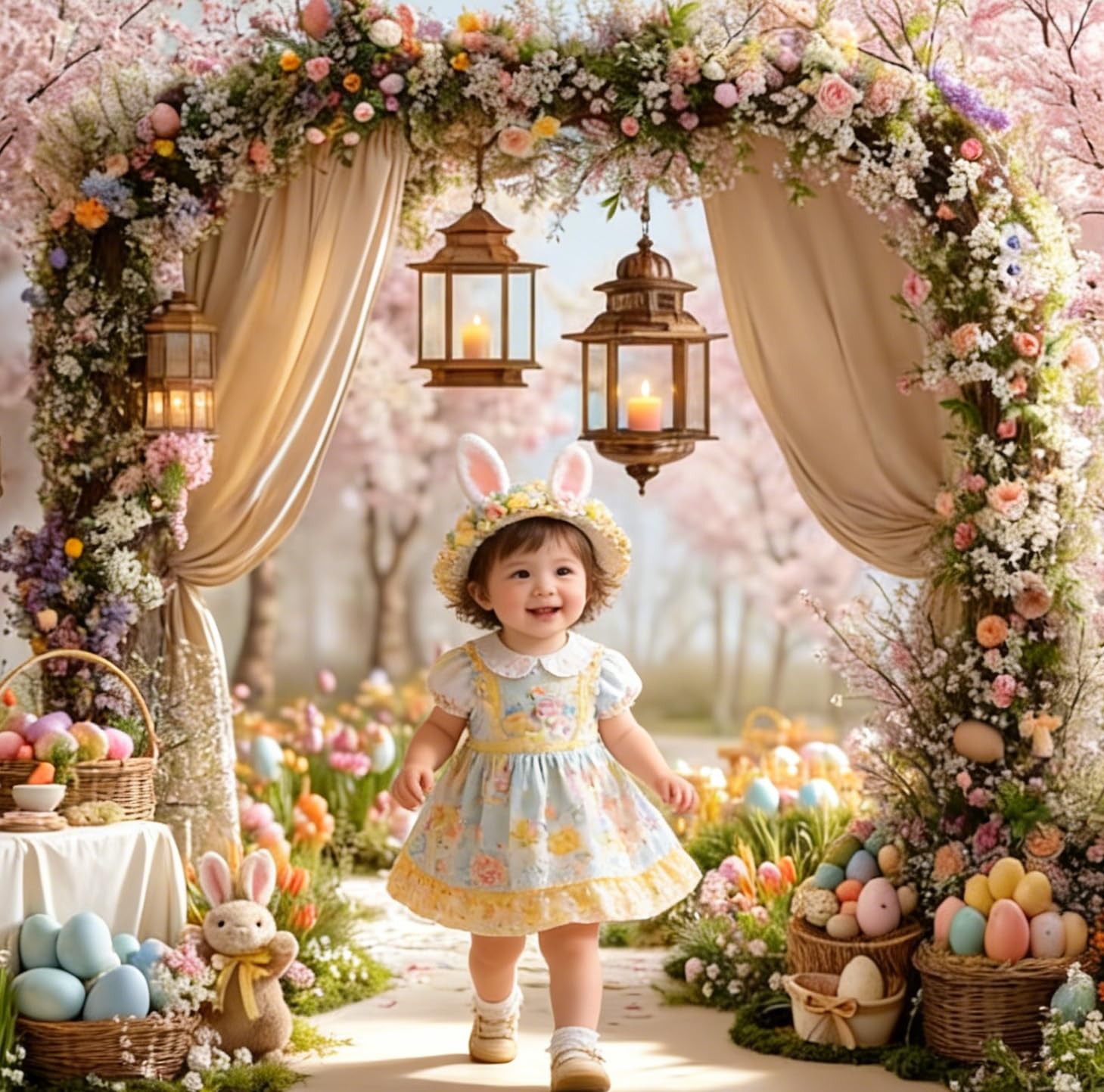 Spring Garden Pink Flowers Tree Photography Backdrop Bunny Easter 7×5 Ft
