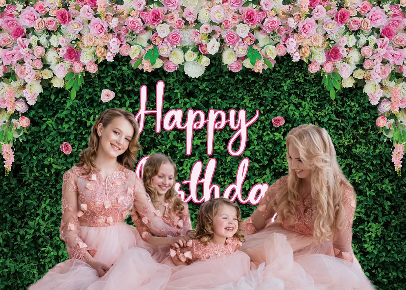 7x5ft Green Leaves Pink Rose Floral Wall Girl Birthday Photo Backdrop