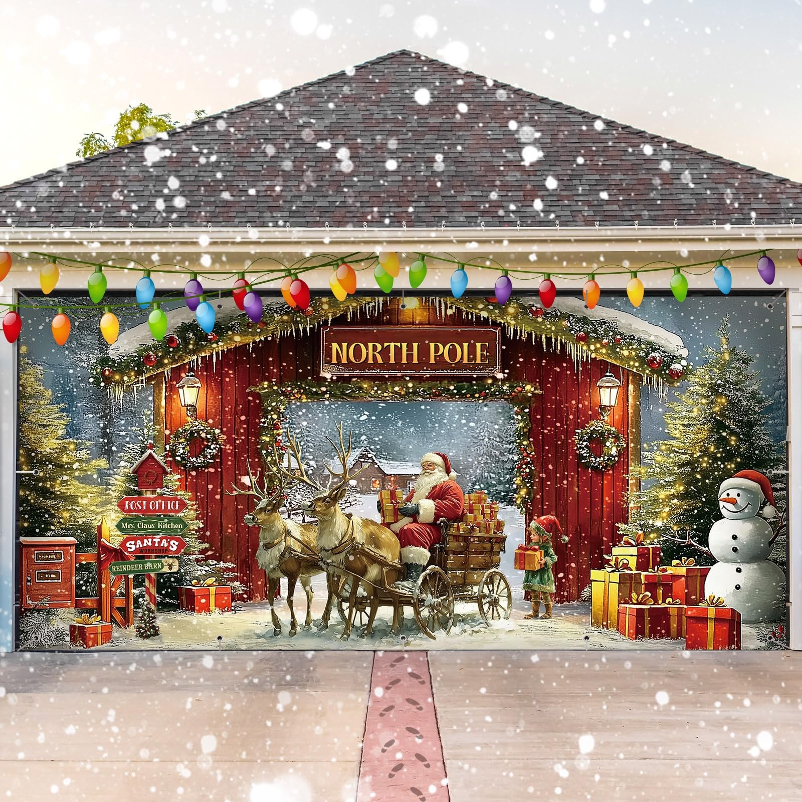 6 x 13 ft Christmas Garage Door Banner Cover North Pole Snowy Xmas Tree Photo…