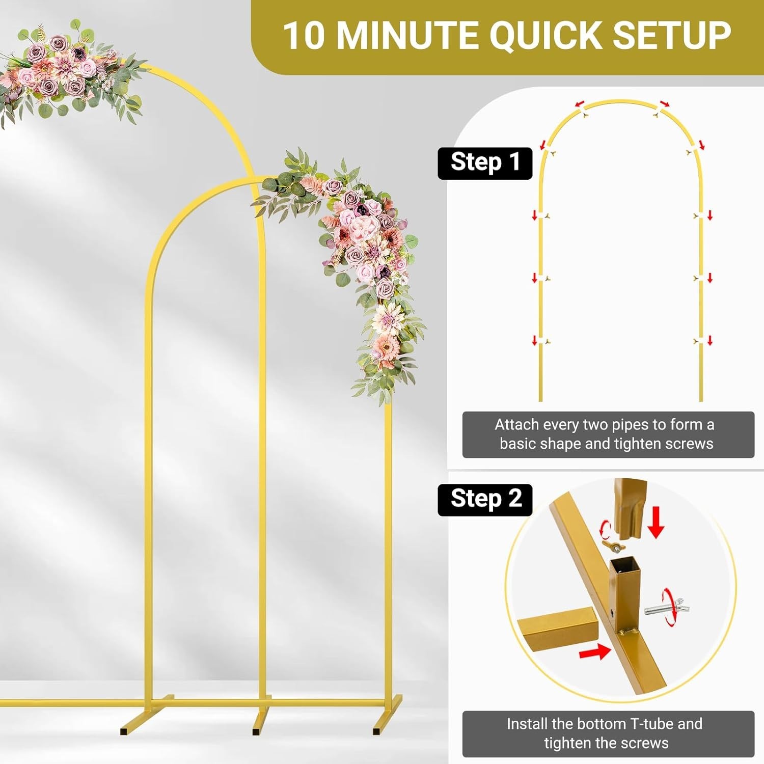 Metal Arch Backdrop Stand Wedding Arch frame Set of 2 (7.2FT,6FT) Gold Backdrop