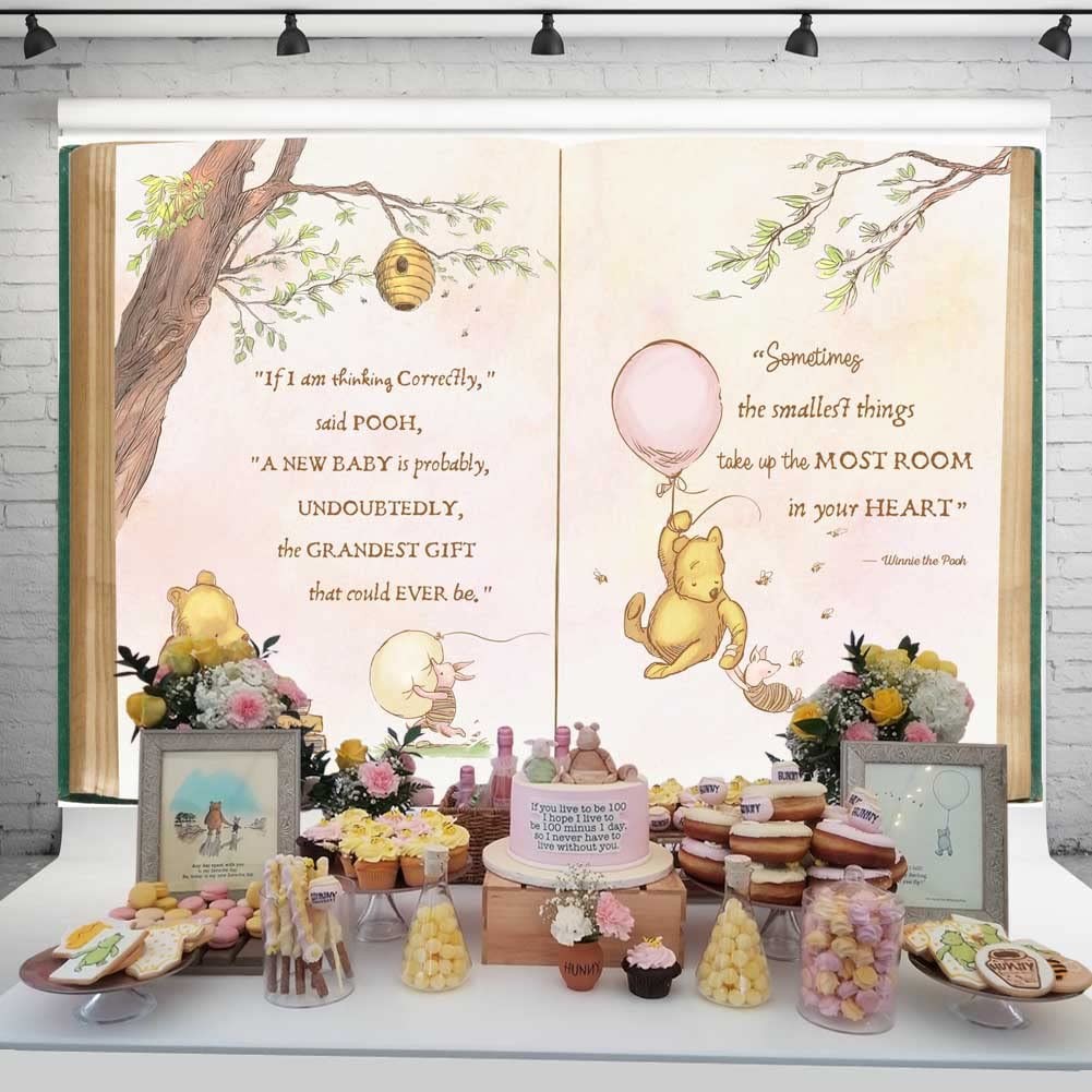 Vintage Pooh Bear Baby Shower Backdrop for Girl Retro 7×5 ft, Pink, Yellow