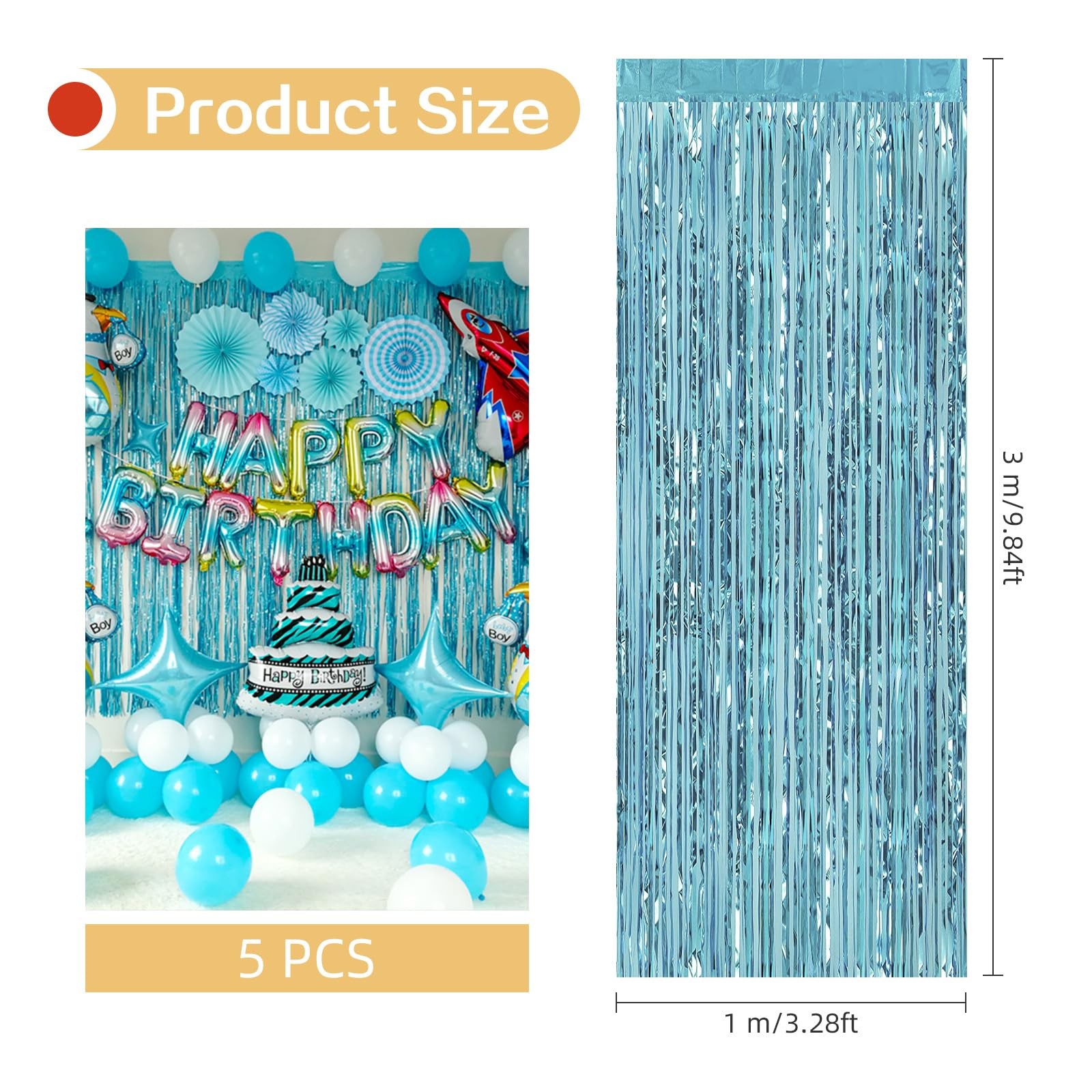 5 PCS Light Blue Foil Curtain Backdrop 3.2×9.8ft Metallic Tinsel Fringe Photo