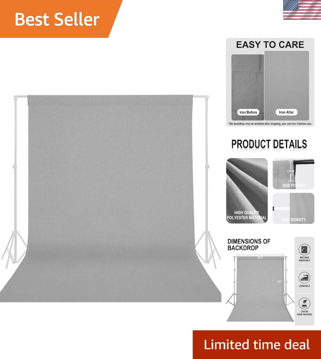 Seamless 5FTX7FT Grey Backdrop for Professional Photos – Washable & Durable