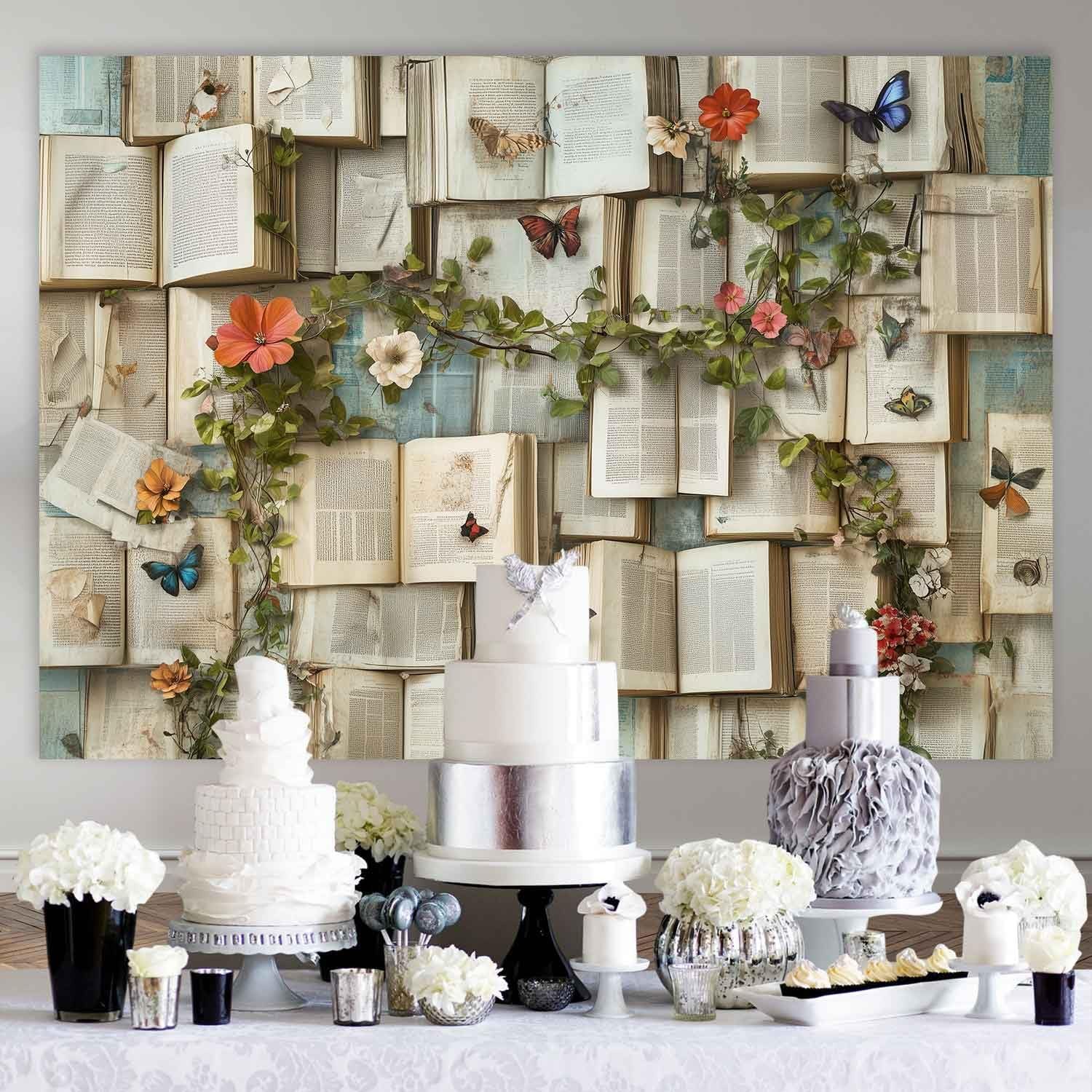 7x5ft Books Theme Photo Backdrop Flowers Bookshelf Floral Photography Background