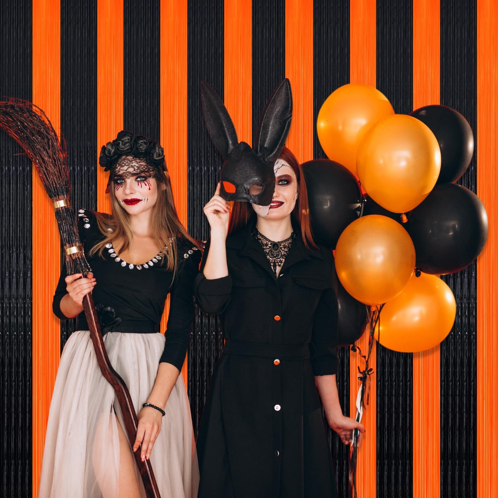 3 Pack Black Orange Foil Fringe Curtain Backdrop 3.28Ftx8.2Ft Metallic