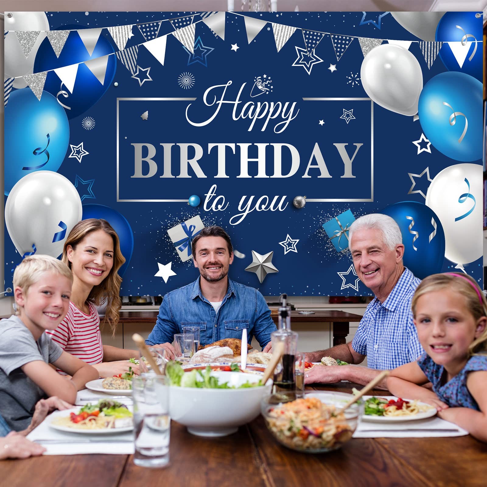 Sumind Happy Birthday Backdrop Banner for Men, Blue 7′ x 4′, Blue,Silver