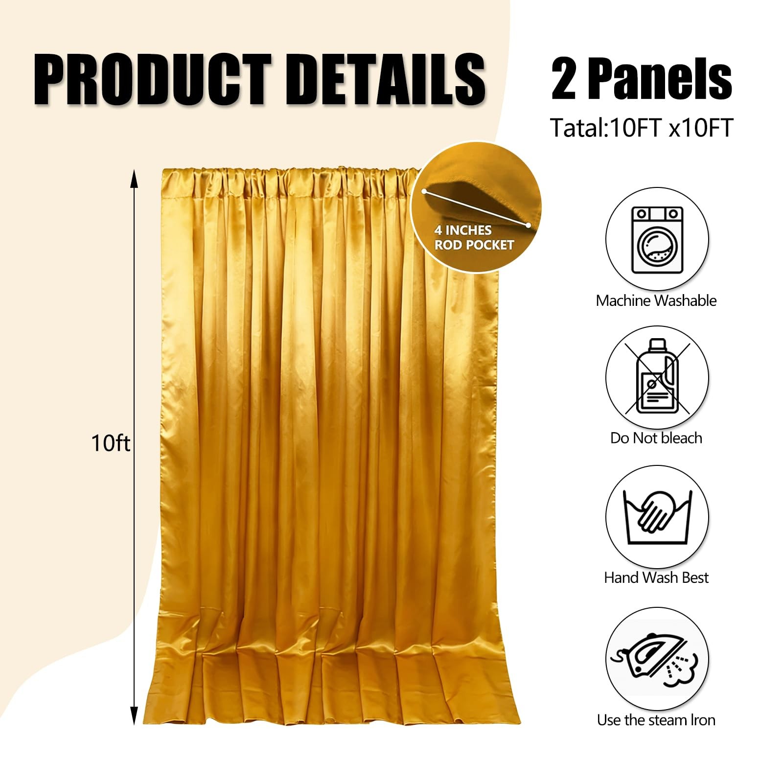 Gold Backdrop Curtains 2 Panels 5x10FT Satin Fabric Rod Pocket 10x10FT