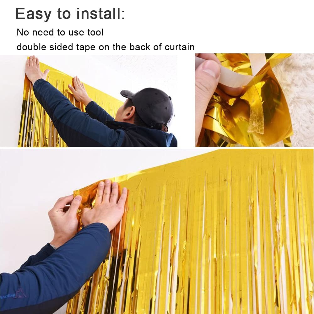 Transparent Orange Metallic Tinsel Foil Fringe Curtains Backdrop 3 Pack