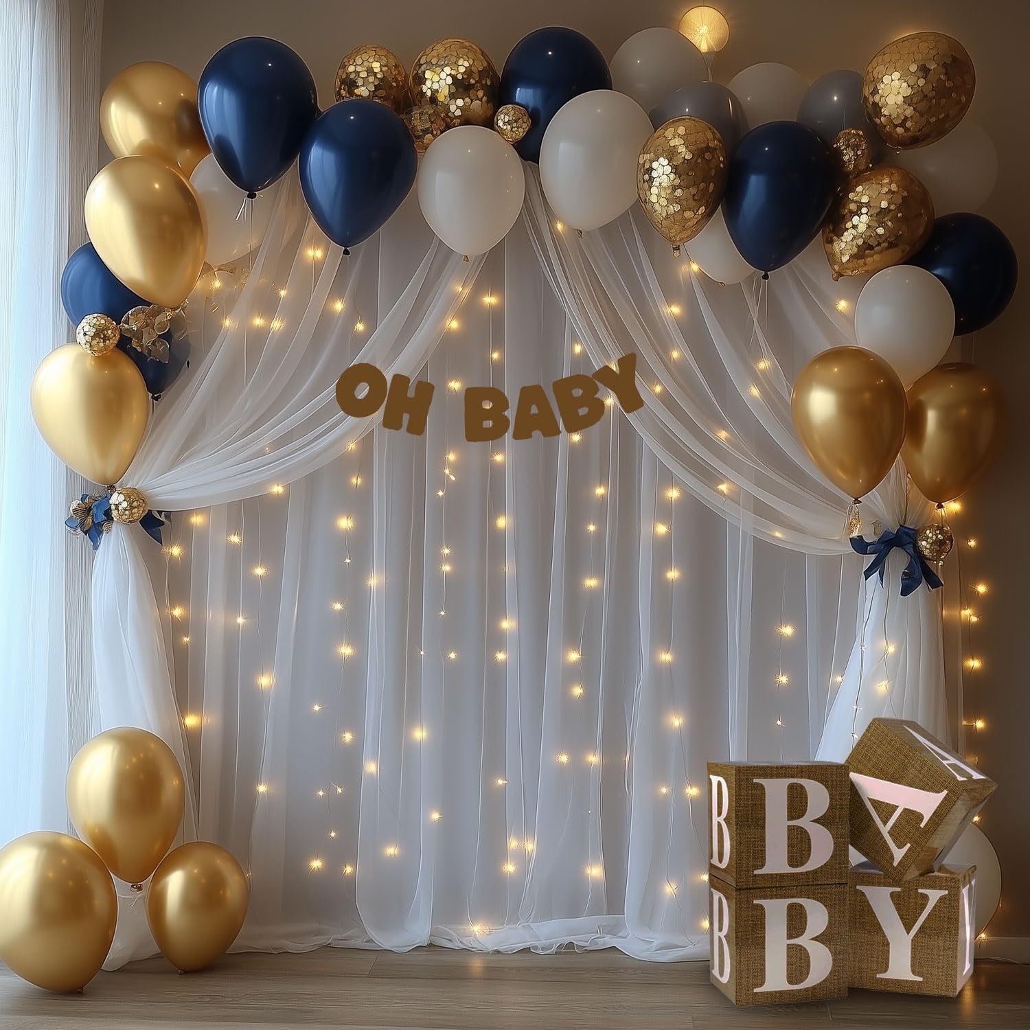 EMHOLDBU 10x10ft White Tulle Backdrop Curtain with Lights String Sheer Drapes