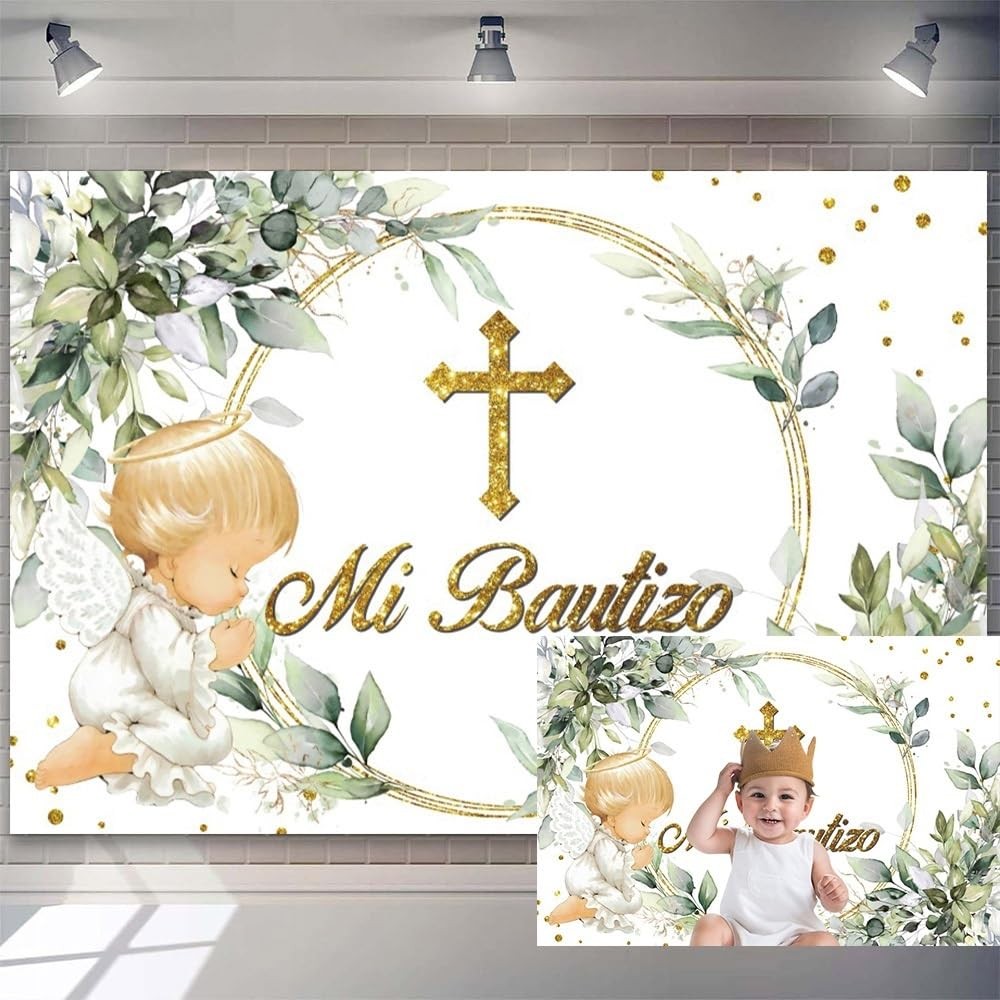 Mi Bautizo Backdrop First Holy Communion God Bless Eucalyptus Prop 7×5 Ft