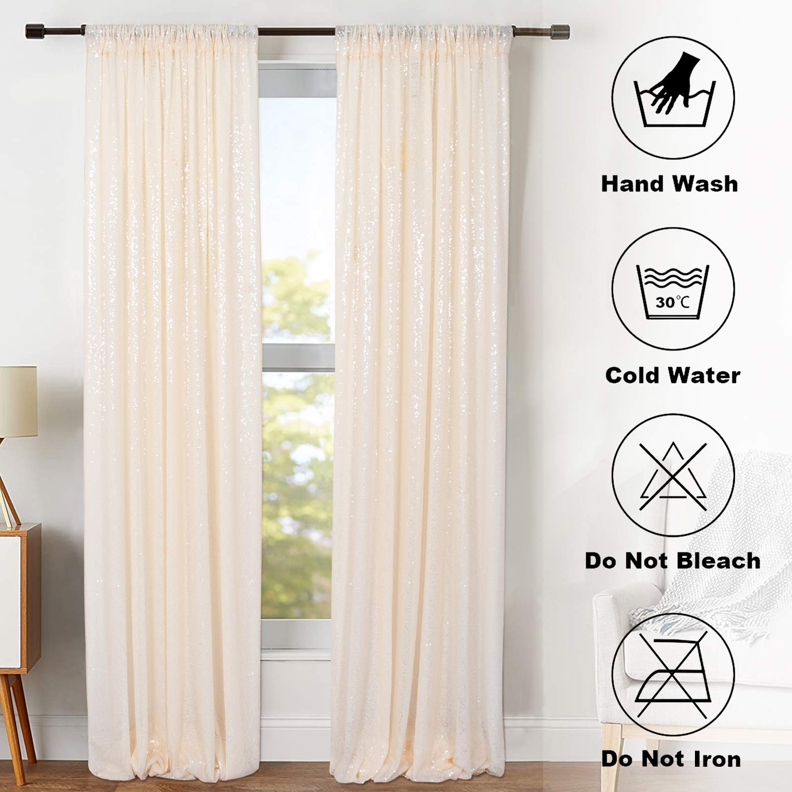 2 Panels Ivory Sequin Curtains, 2FTX7FT, Glitter Backdrop Drapes, Party, Photo