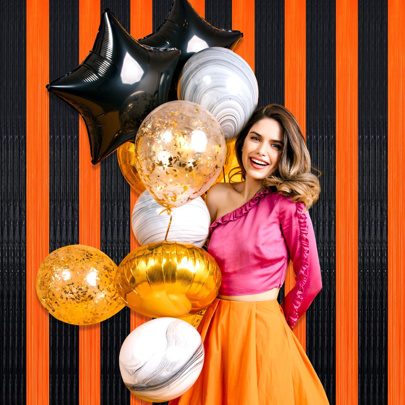 3 Pack Black Orange Foil Fringe Curtain Backdrop 3.28Ftx8.2Ft Metallic