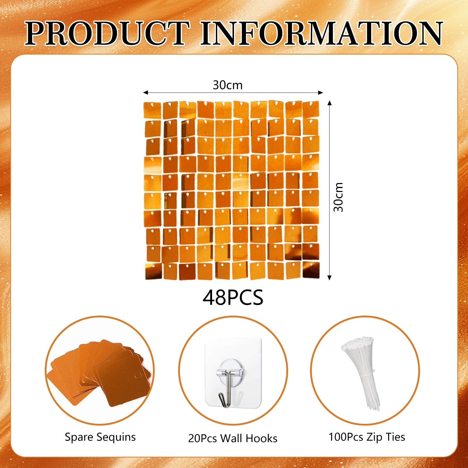 48 PCS Orange Shimmer Wall Backdrop, Square Sequin Photo Backdrops