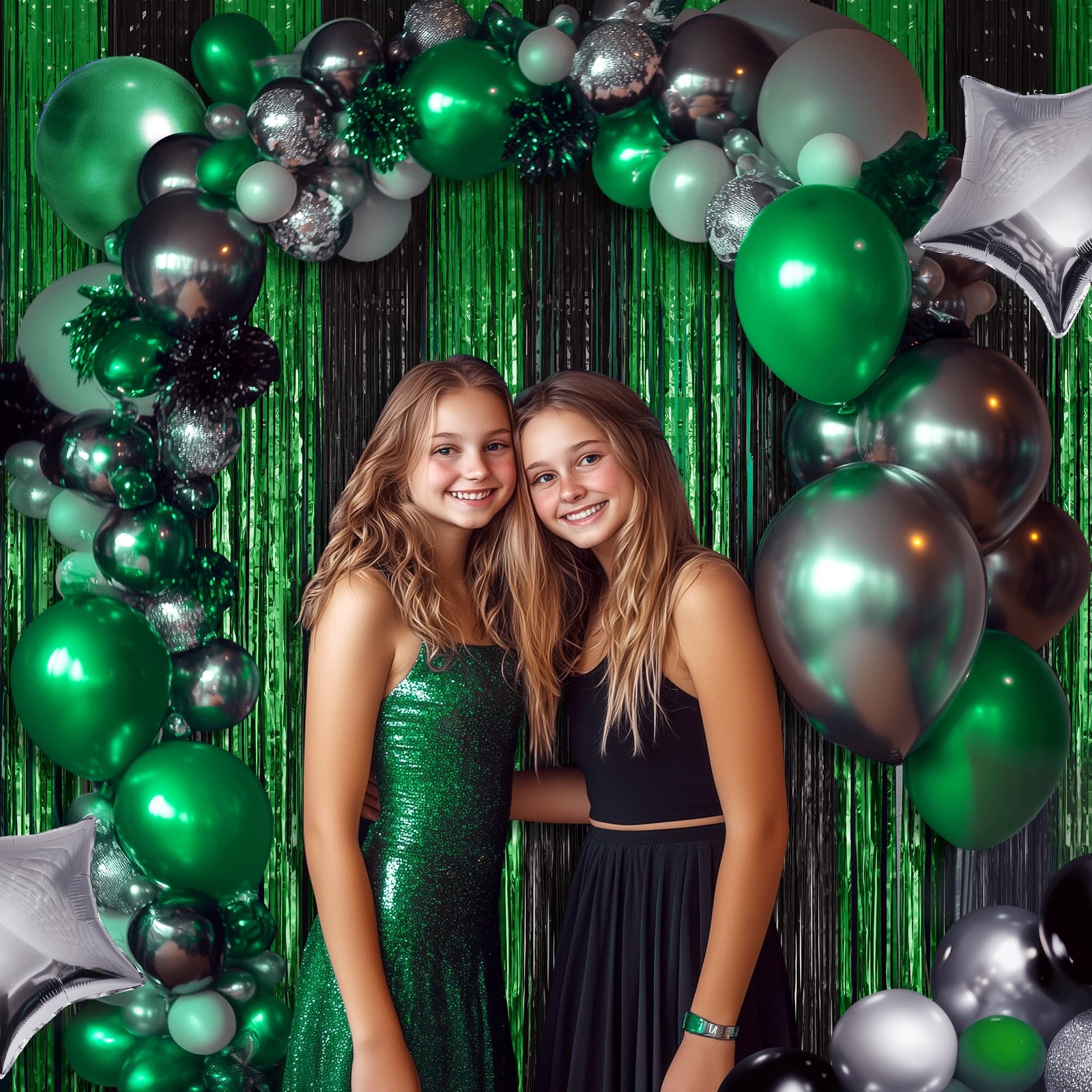 2 PCS Green Black Fringe Backdrop Shining Foil Tinsel Curtains Streamers