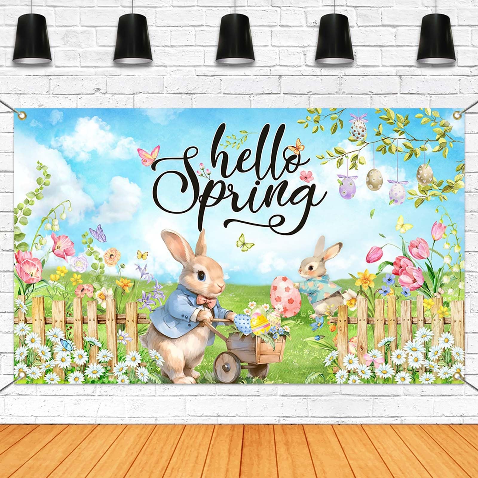 Mocsicka Hello Spring Backdrop Easter Party Banner 70.8×43.3 inch, Greenery