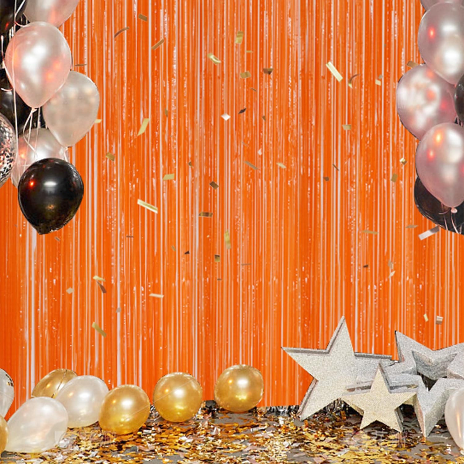 Orange Foil Fringe Backdrop 3 Pack 3.3×8.2 Ft Metallic Tinsel Curtain Party