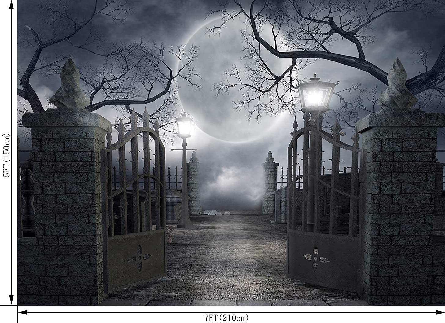 OUYIDA Halloween Night Full Moon Backdrop Gloomy Woods Graveyard 7X5FT, Clear